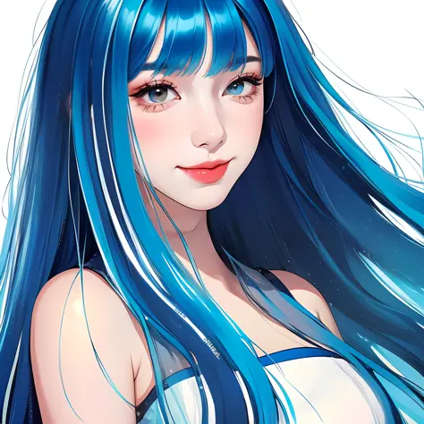 A girl with long blue hair, straight bangs, flowing emanation, smile, fruit, half, fashion trend, plain white background