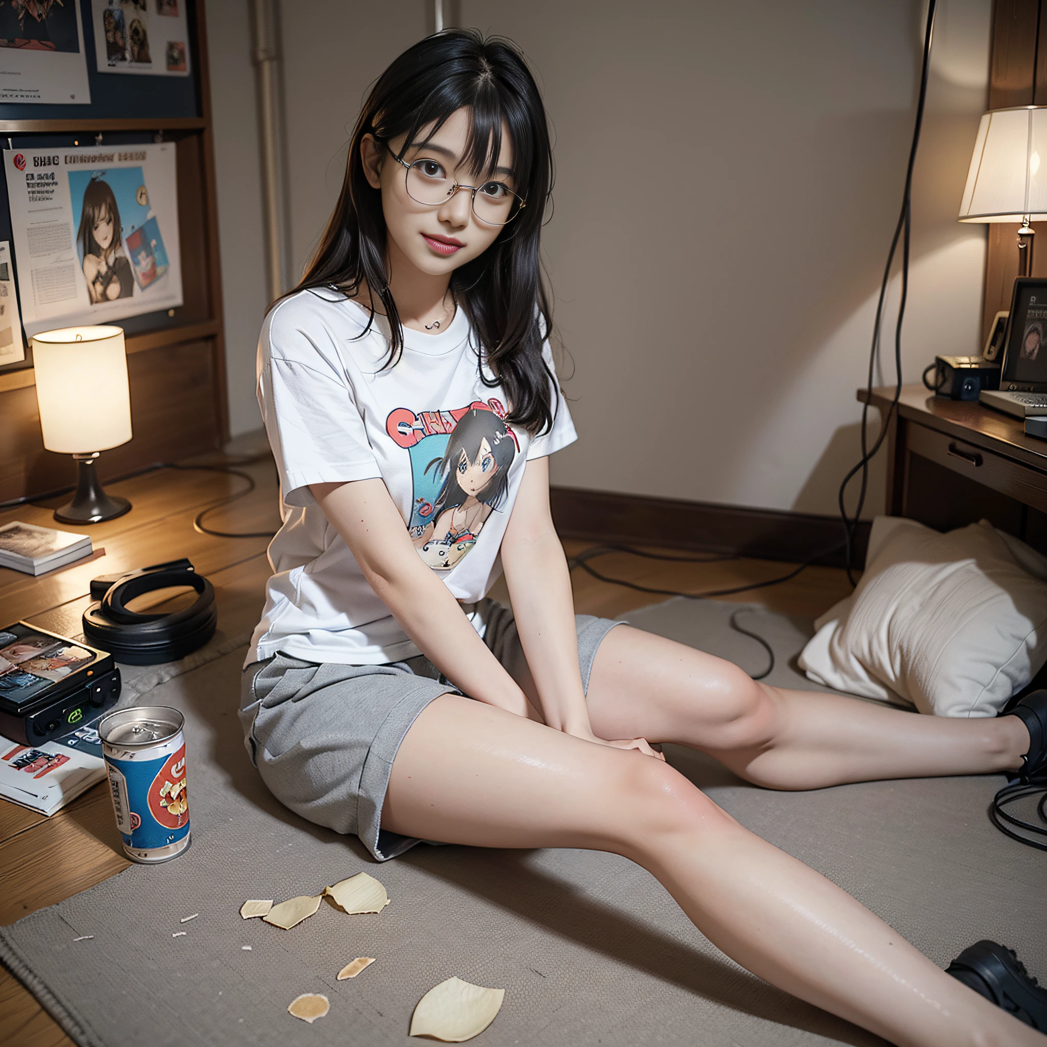 (8k, RAW photos, best quality, masterpieces, : 1.2), (realistic, photorealistic: 1.37), (1 girl, solo: 1.3), 18 years old Japan girls living in a dirty room, (dreamy, soft pastels, bedroom, cozy atmosphere, warm lighting: 1.2), anime otaku girls, black hair, short hair, (disheveled hair, unkempt hair: 1.3), bangs, smile, happy look, small bust, wearing glasses, (crop t-shirt with anime character print: 1.3), sweatpants, shorts, loungewear, headphones, sitting on the floor, scruffy posture, cross-legged, relaxed, cheerful, (heaped comics littered on the floor: 1.3), (littered with garbage, messy room, Clothes left undressed on the floor, empty cans lying on the floor: 1.3), (figure collection case, decorated with many anime character figures: 1.3), (many posters of anime characters on the wall: 1.3), stuffed animals, watching anime on the monitor, potato chips on the desk, spilled potato chips, Energy drinks on your desk, ultra-high resolution, physically based rendering, cinematic lighting, dynamic angles