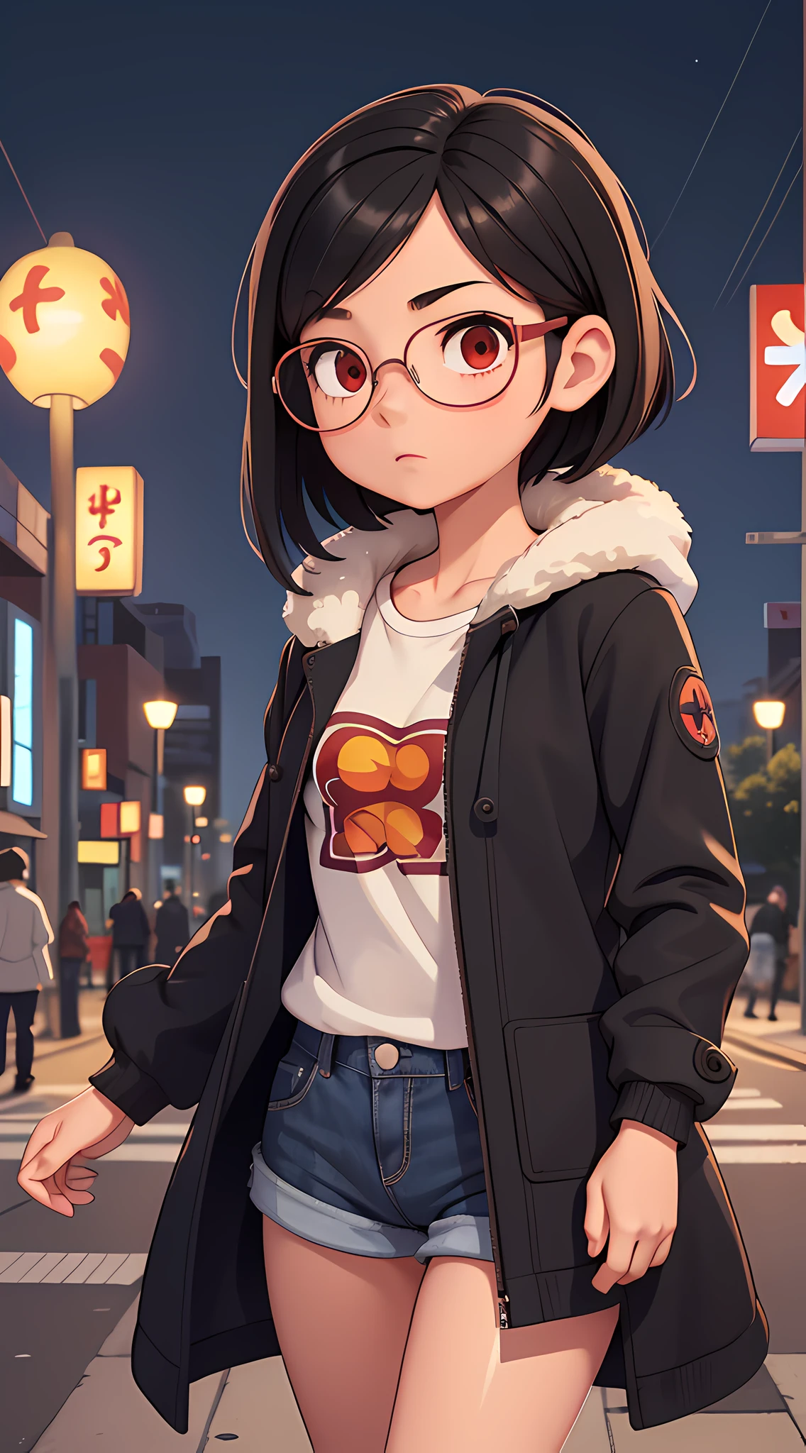 1girl, sensual and innocent, small girl, black hair, red eyes, beauty brand, round glasses, cropped short, short shorts, (large female coat over shoulders), urban, tokyo city, bustling city, moonlight, light particles,(best quality, masterpiece), (super ultra detailed), (illustration), (super masterpiece), extremely delicate and beautiful, (animated), (extremely detailed 8k CG), high resolution,  (perfect finger), (perfect hands), (detailed anatomy)