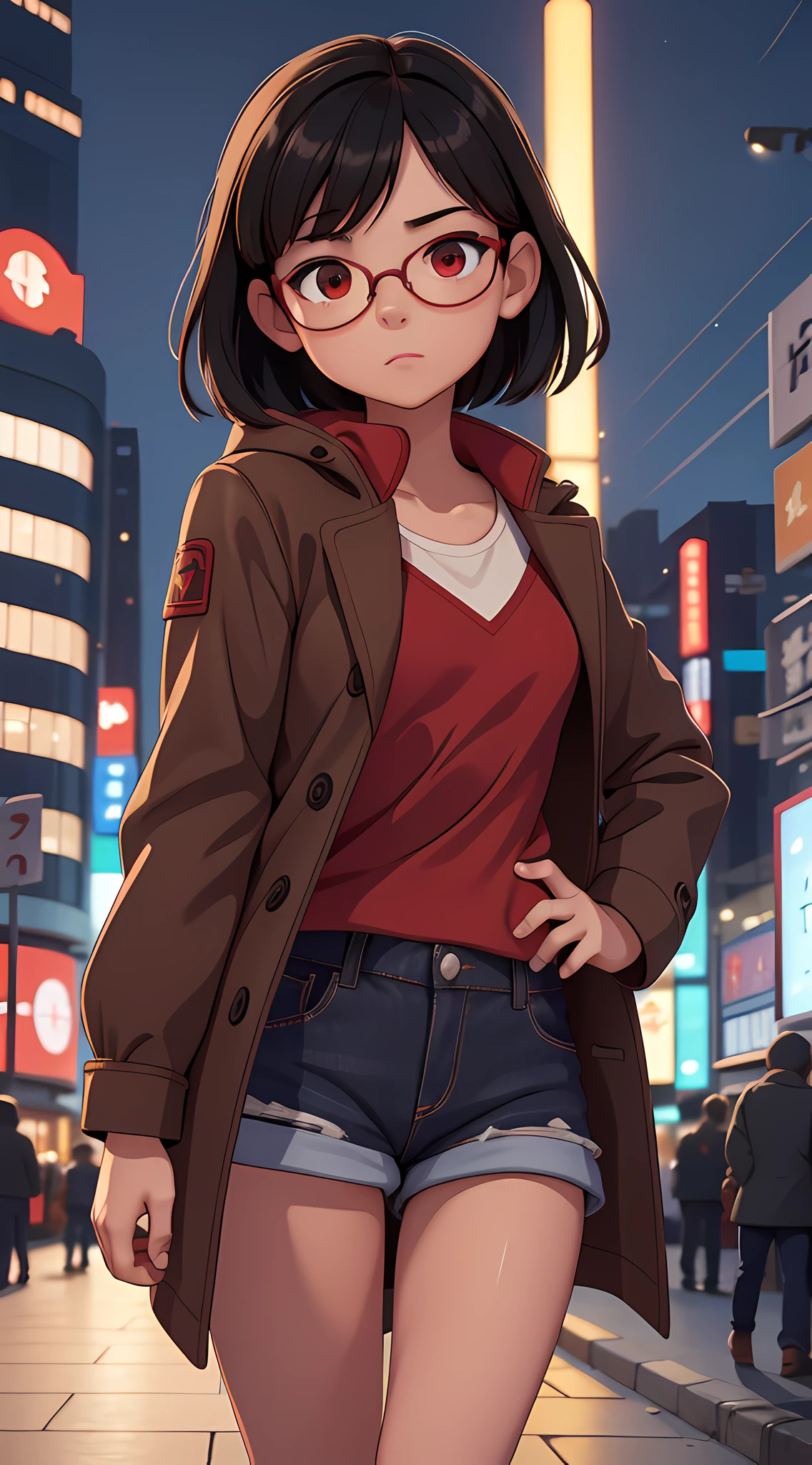 1girl, sensual and innocent, small girl, black hair, red eyes, beauty brand, round glasses, cropped short, short shorts, (large female coat over shoulders), urban, tokyo city, bustling city, moonlight, light particles,(best quality, masterpiece), (super ultra detailed), (illustration), (super masterpiece), extremely delicate and beautiful, (animated), (extremely detailed 8k CG), high resolution,  (perfect finger), (perfect hands), (detailed anatomy)