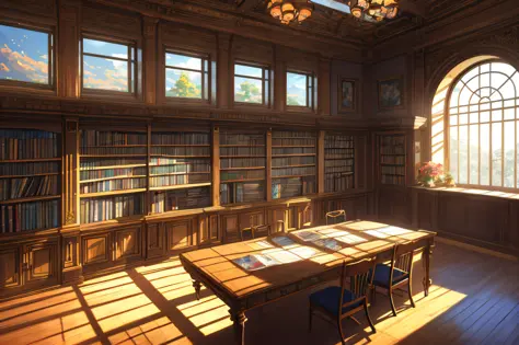 (masterpiece), (best illustration), anime background, indoor library, ring lighting , rim lighting, cinematic, paper falling, (e...