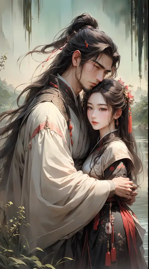 (8K, Best Quality, Masterpiece:1.2), (Realistic, Realistic:1.37), Ultra Detailed, 1 Ancient Chinese Man Holding 1 Woman Standing in the Lake, Intimate Embrace, Super Fine Face, Fine Eyes, Double Eyelids, Detailed Details, Vintage Colors