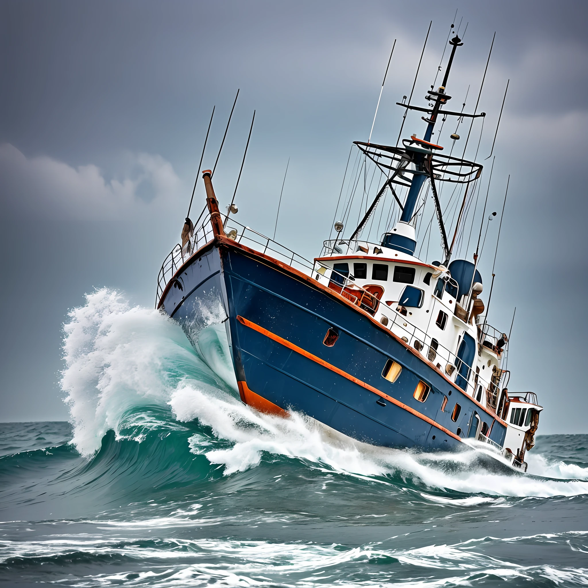 Trawler in the middle of rough seas --auto --s2 - SeaArt AI