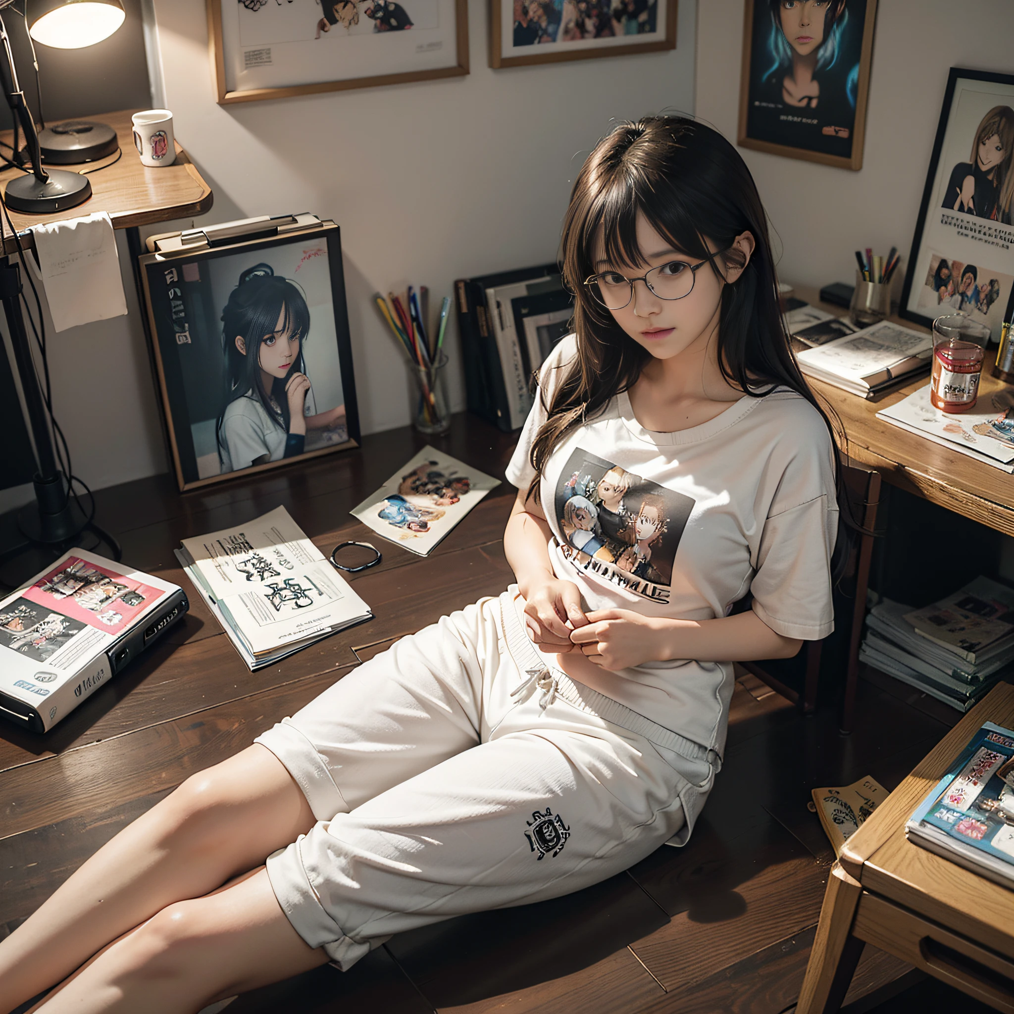 (8k, RAW photos, best quality, masterpieces, : 1.2), (realistic, photorealistic: 1.37), (1 girl, solo: 1.3), 18 years old Japan girls living in a dirty room, (dreamy, soft pastels, bedroom, cozy atmosphere, warm lighting: 1.2), anime otaku girls, black hair, short hair, (disheveled hair, unkempt hair: 1.3), bangs, smile, happy look, small bust, wearing glasses, (crop t-shirt with anime character print: 1.3), sweatpants, shorts, loungewear, headphones, sitting on the floor, scruffy posture, cross-legged, relaxed, cheerful, (heaped comics littered on the floor: 1.3), (littered with garbage, messy room, Clothes left undressed on the floor, empty cans lying on the floor: 1.3), (figure collection case, decorated with many anime character figures: 1.3), (many posters of anime characters on the wall: 1.3), stuffed animals, watching anime on the monitor, potato chips on the desk, spilled potato chips, Energy drinks on your desk, ultra-high resolution, physically based rendering, cinematic lighting, dynamic angles