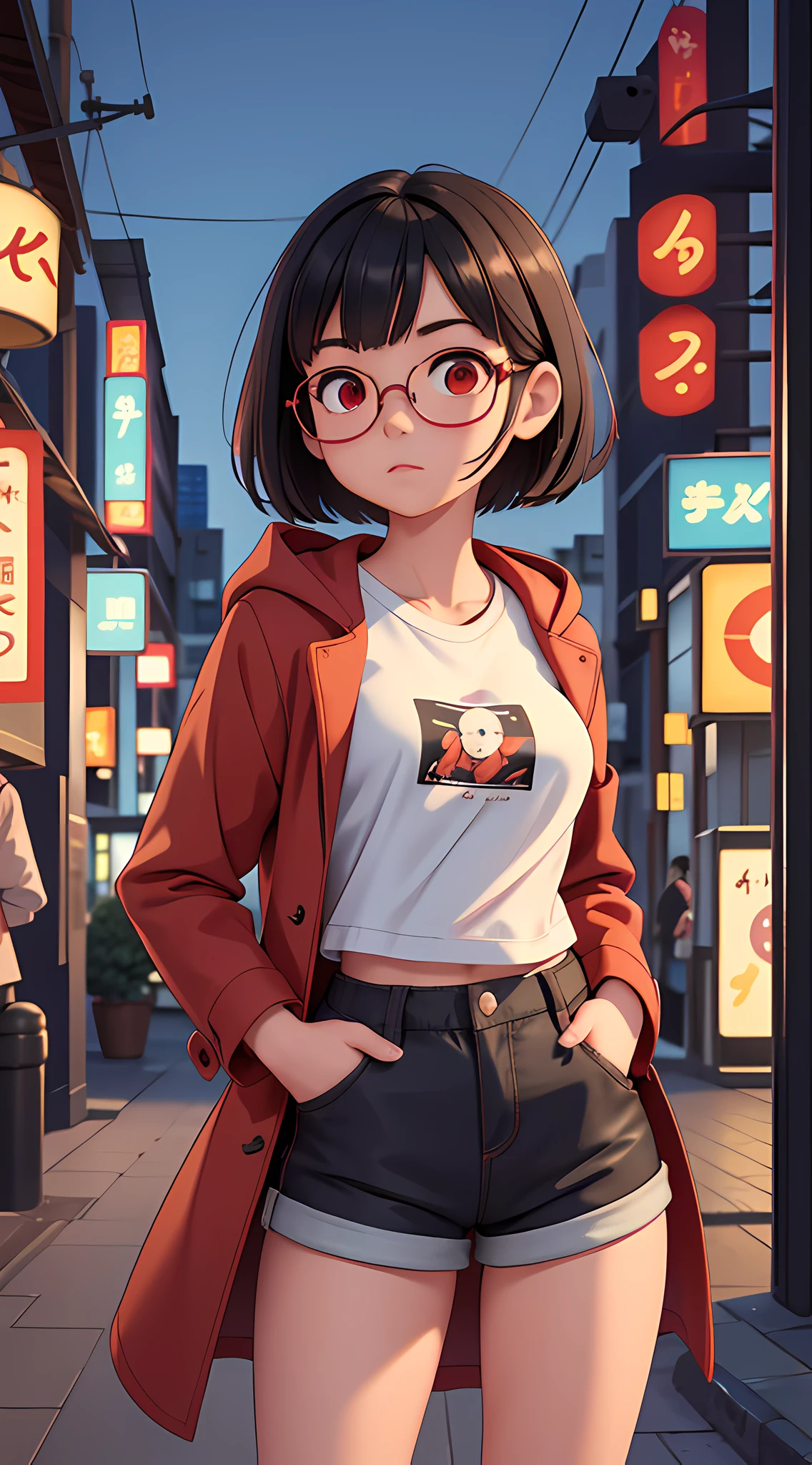 1girl, sensual and innocent, small girl, black hair, red eyes, beauty brand, round glasses, cropped short, short shorts, (large female coat over shoulders), urban, tokyo city, bustling city, moonlight, light particles,(best quality, masterpiece), (super ultra detailed), (illustration), (super masterpiece), extremely delicate and beautiful, (animated), (extremely detailed 8k CG), high resolution,  (perfect finger), (perfect hands), (detailed anatomy)