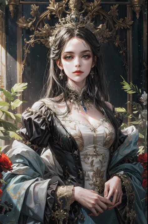 (absurdres, highres, ultra detailed), 1girl, solo, mature, baroque, long dress, long sleeve, elegant, colorful, highest detailed...