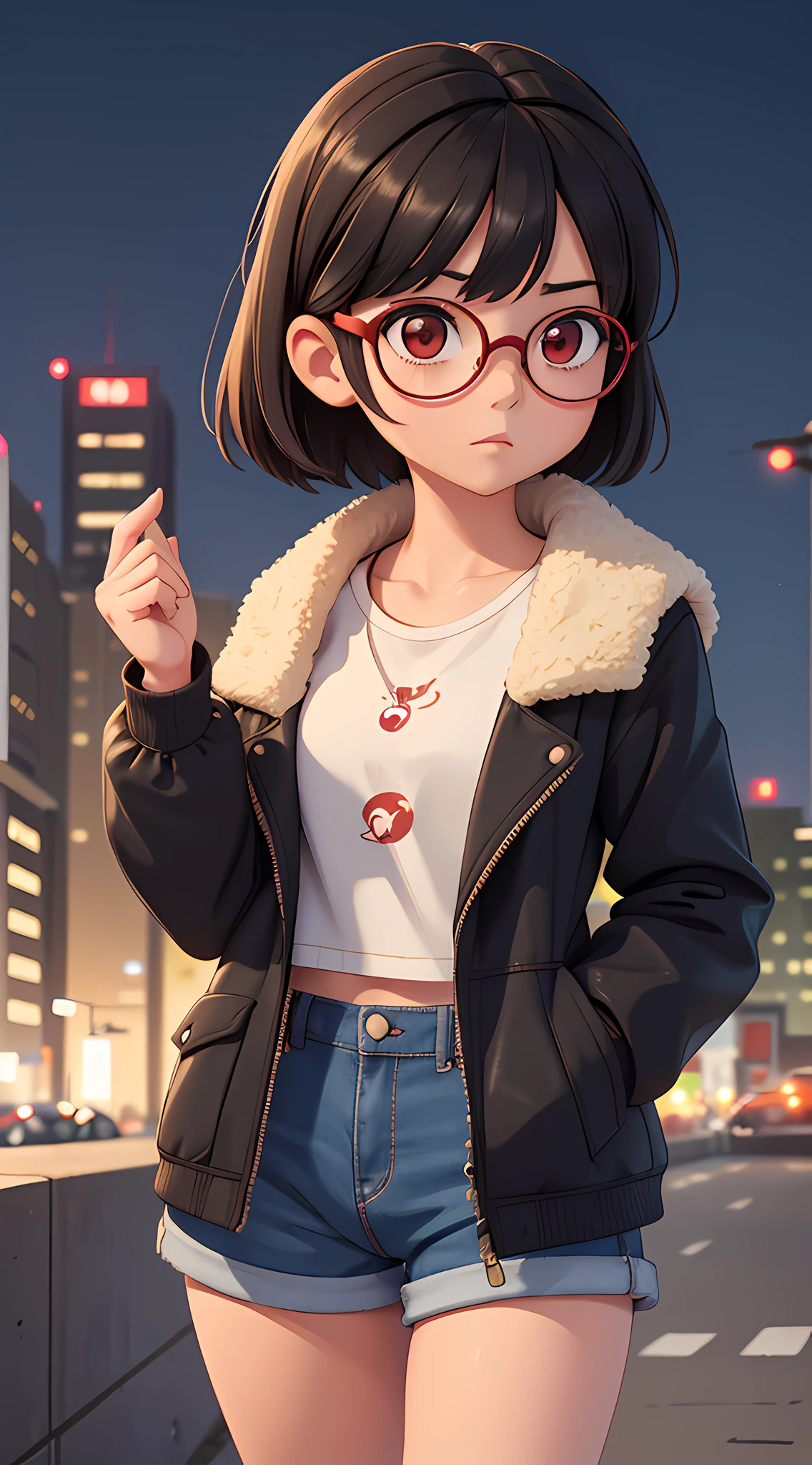 1girl, sensual and innocent, small girl, black hair, red eyes, beauty brand, round glasses, cropped short, short shorts, (large female coat over shoulders), urban, tokyo city, bustling city, moonlight, light particles,(best quality, masterpiece), (super ultra detailed), (illustration), (super masterpiece), extremely delicate and beautiful, (animated), (extremely detailed 8k CG), high resolution,  (perfect finger), (perfect hands), (detailed anatomy)