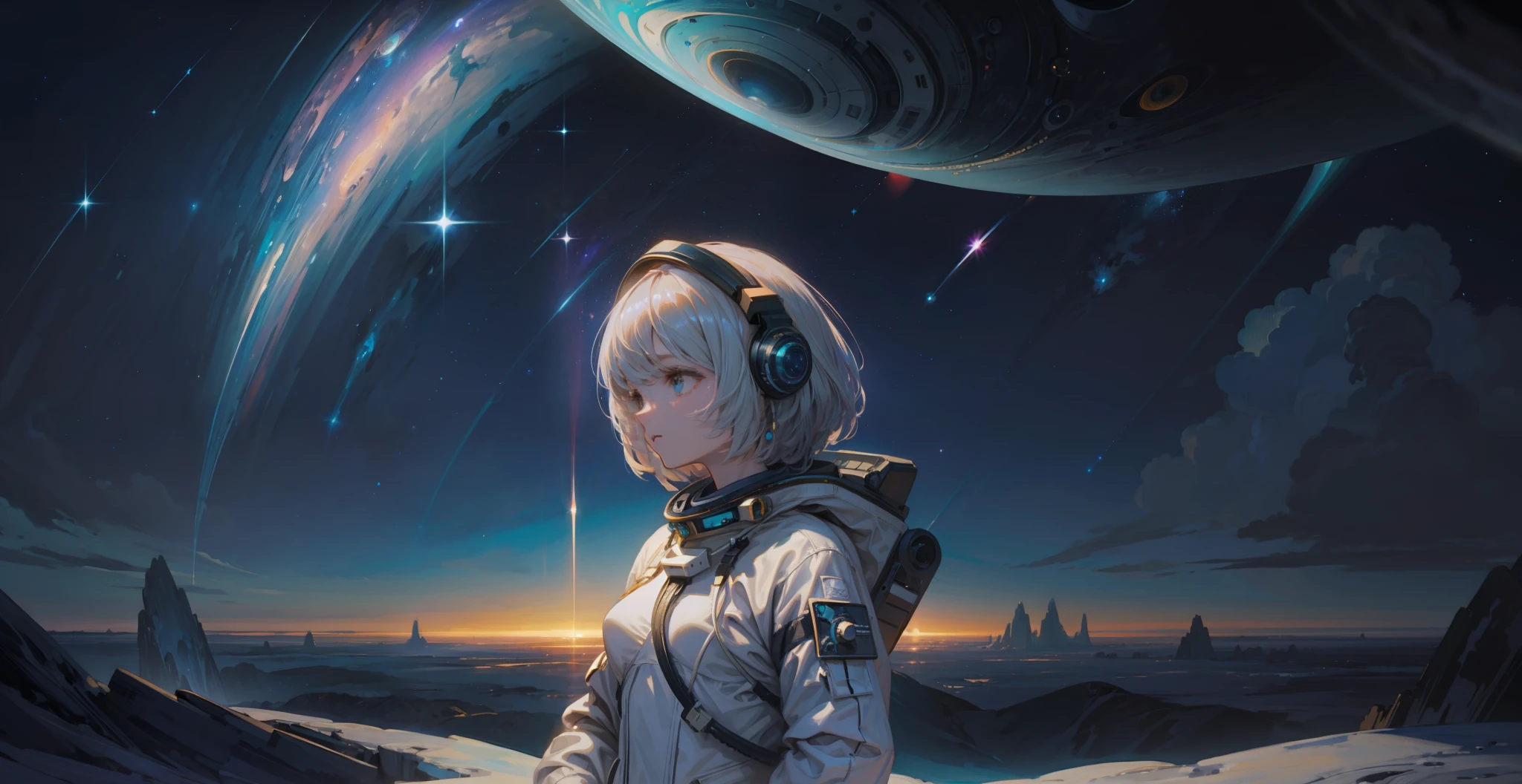 1girl, solo, astronaut suit, (masterpiece), best quality, stunning cosmic landscape, vast and surreal universe, ethereal and dreamy atmosphere, mesmerizing starry sky, celestial body floating in the cosmic abyss, beautiful and intricate planetary details, deep space exploration, breathtaking outer space scenery.