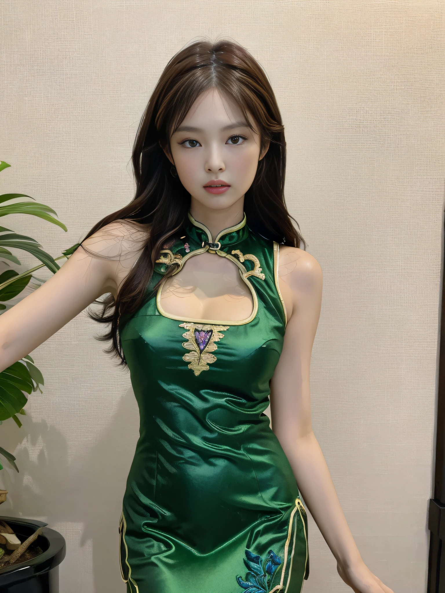 ((Night view, realistic light, best quality, 8k, masterpiece: 1.3)), 1girl, beautiful woman with slim figure, brown hair, wearing green cheongsam, embroidered, sleeveless, sexy, cleavage, split end, long legs, super detailed face, detailed eyes, double eyelids