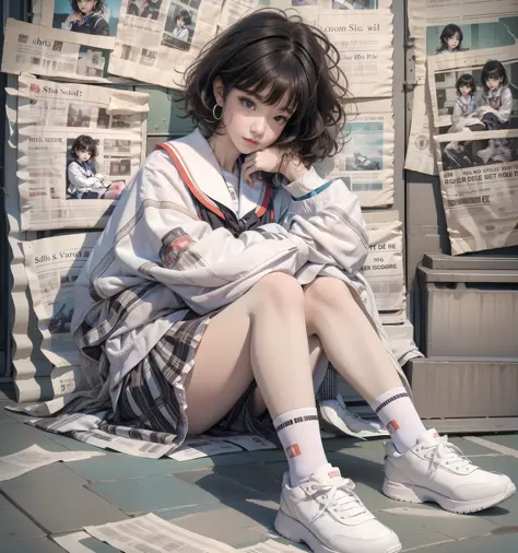 1girl, solo, sitting, shoes, looking at viewer, skirt, newspaper, sailor collar, socks, head rest, jewelry, sneakers, short hair...