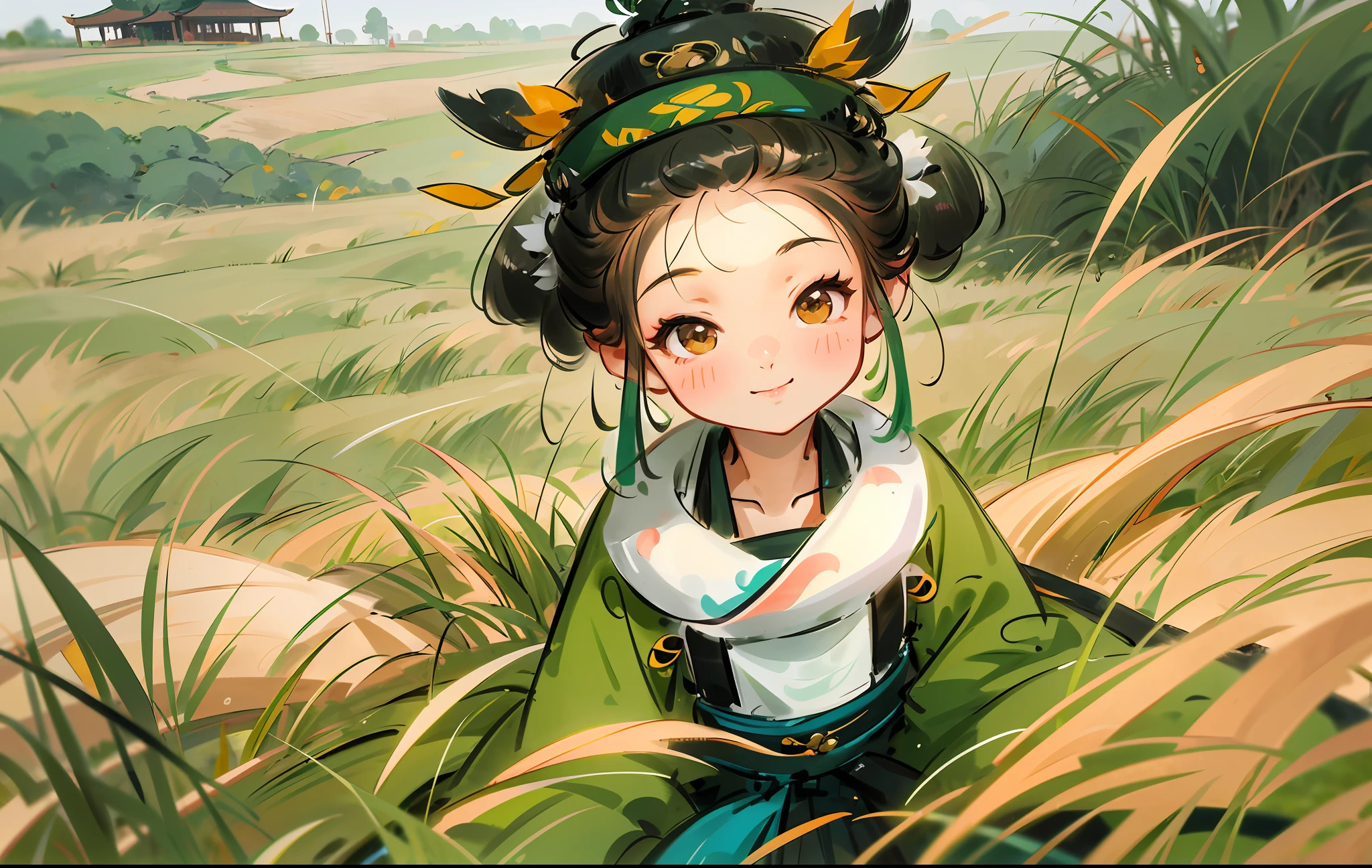 there is a chica joven sitting in the tall grass smiling, young niña asiatica, Niña china, cute chica joven, Li Zixin, xuehan, chica joven, en un campo de hierba, chen xintong, niña asiatica, Lulú Chen, en un campo verde abierto, en un campo de hierba, retrato de linda chica, qiu fang, niño