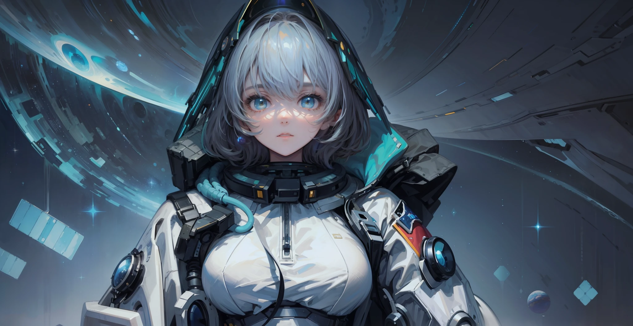 1girl, solo, astronaut suit, (masterpiece), best quality, stunning cosmic landscape, vast and surreal universe, ethereal and dreamy atmosphere, mesmerizing starry sky, celestial body floating in the cosmic abyss, beautiful and intricate planetary details, deep space exploration, breathtaking outer space scenery.