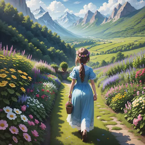 Little girl in long dress tending to her garden with beautiful flowers and a fairy with wonderful wings looking at the garden in the background a beautiful landscape of mountains bright colors beautiful design --auto --s2