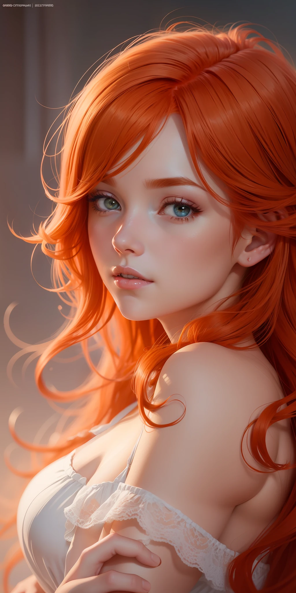 High resolution,best 8k,Painting of a woman with red hair and a white shirt, Lois Van Rossdraws, loose ginger hair, loish and wlop, wavy ginger hair, exquisite digital illustration, Moebius + loish + wlop, wlop loish style and clamp, beautiful character painting, beautiful digital illustration, Artgerm and James Jean, stunning digital illustration, flowing orange hair