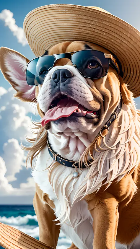 A french bulldog, sitting, close up of head, wearing straw hat, sunglasses, mismatched pupils, maniacal laughing expression, facing the camera, composition of identity card photo, genuine fur, high quality fur, detailed fur detail, sea background, sky, clo...