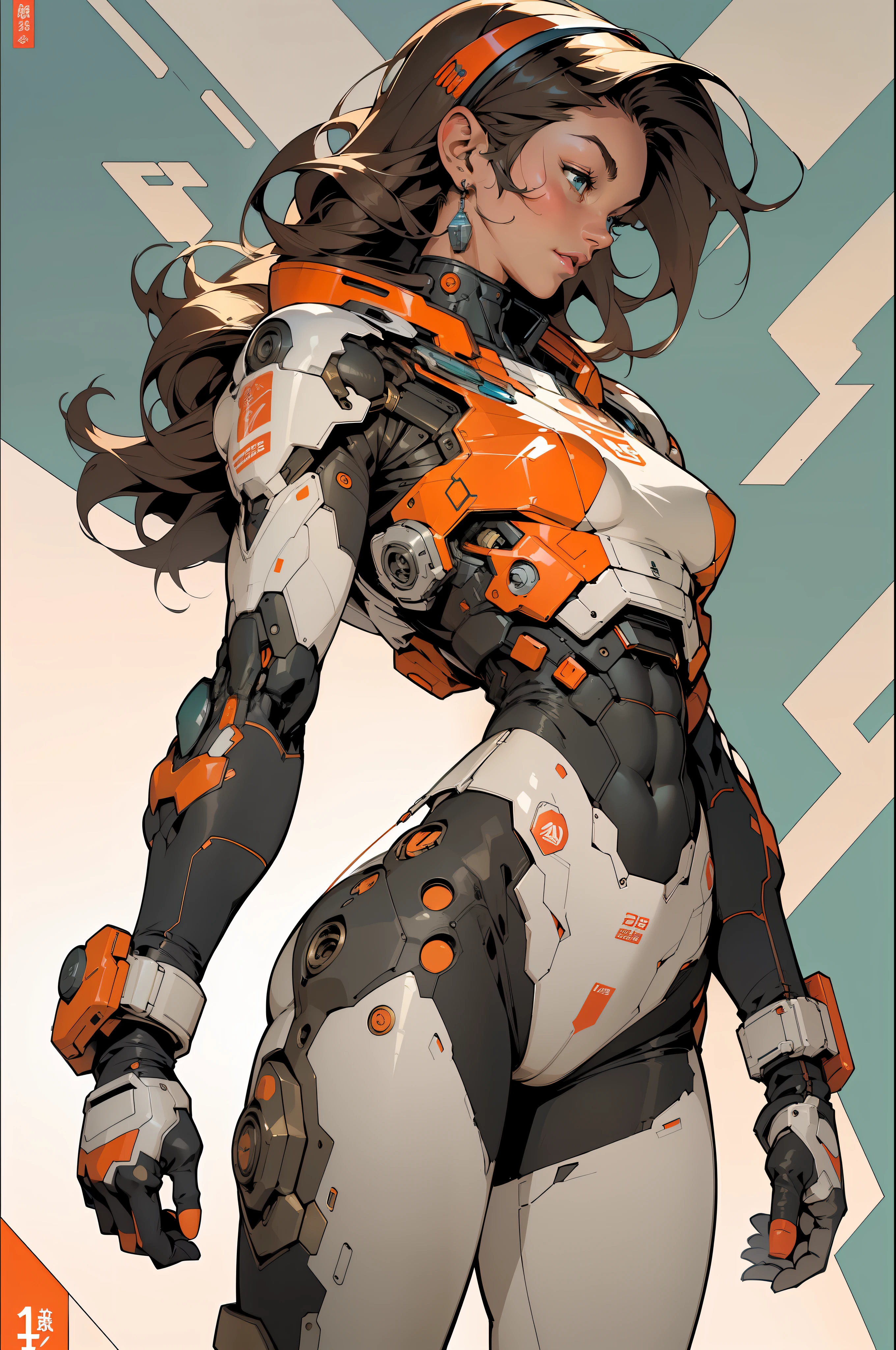 ((Best quality)), ((masterpiece)), (detailed: 1.4), (Absurd), (((full body)), (((woman))), 35-year-old woman, Beautiful muscular woman, giant robot pilot, wild with perfect body, wearing little clothing, tiny thong, clothing with Japanese graphic patterns, halftone pattern and vertical stripes, earth tone, coming out of the body of a giant robot