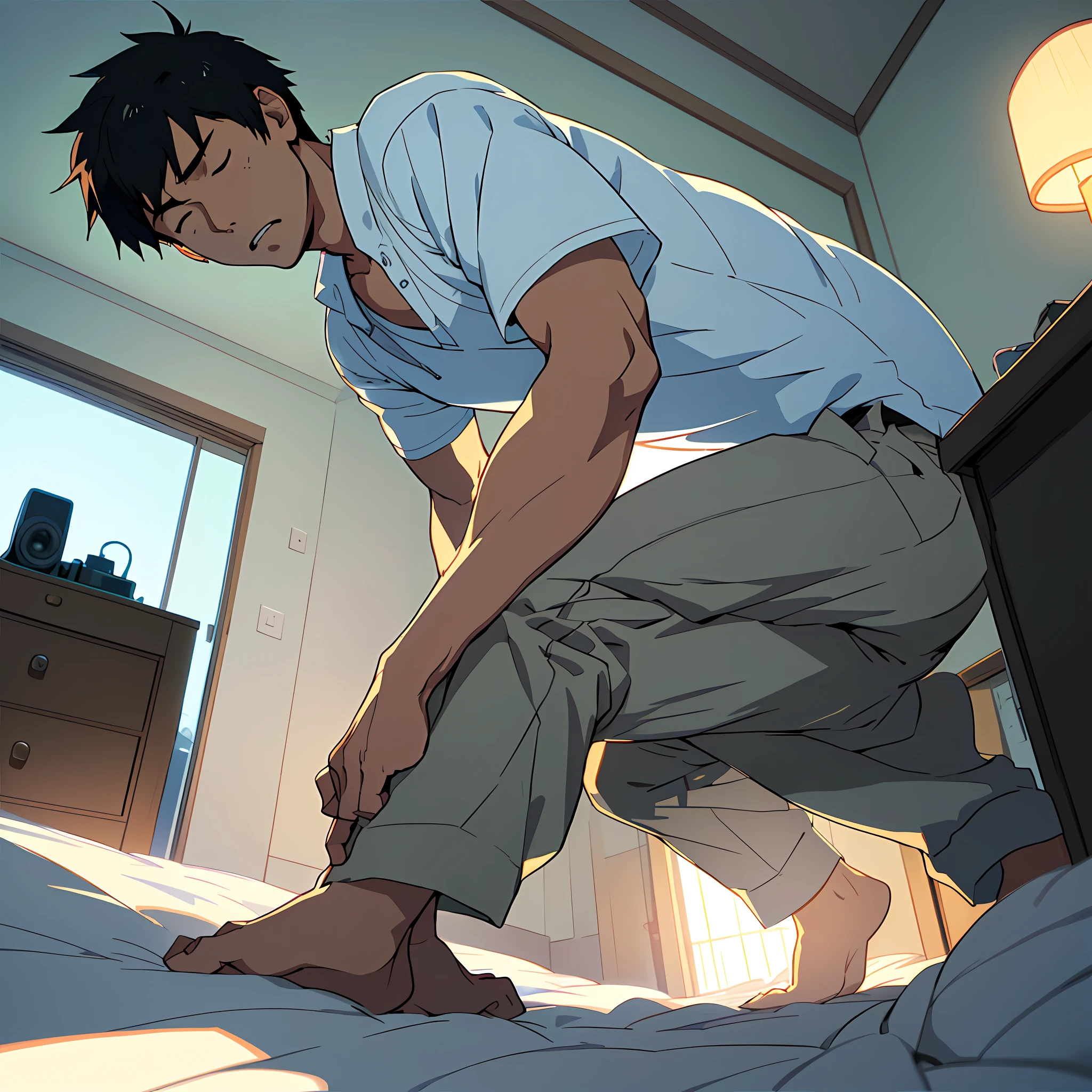 Anime man in blue shirt and khaki pants bending over on bed - SeaArt AI