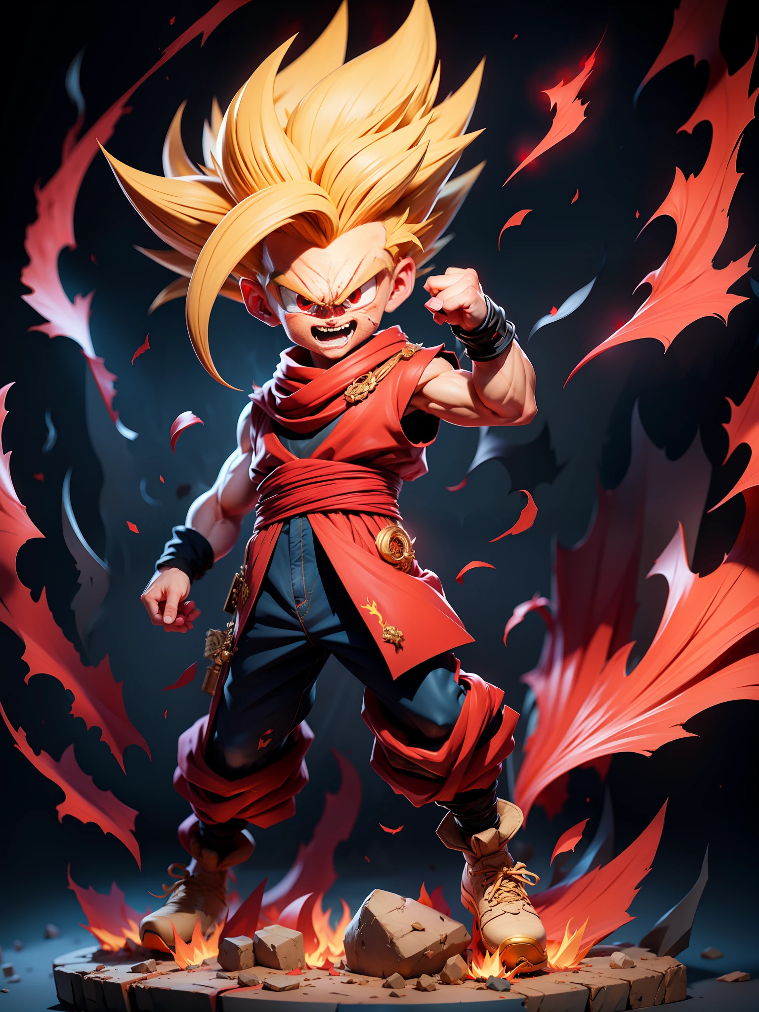 masterpiece, best quality, ultra-detailed, (gold hair on flames)Adult Gohan 1boy, solo, Full body, evil grin, gold hair, spiked hair, (((red eyes))), (((perfect eyes))), (((Red dougi))), full body, looking at viewer, male focus, earth \(planet\), planet, space, cracked ground and lots of rocks rising up, lots of debris going up, perfect hands . Cute,angry (flames) (explosions), (powerful aura) (thunder and lightning) dragon backward