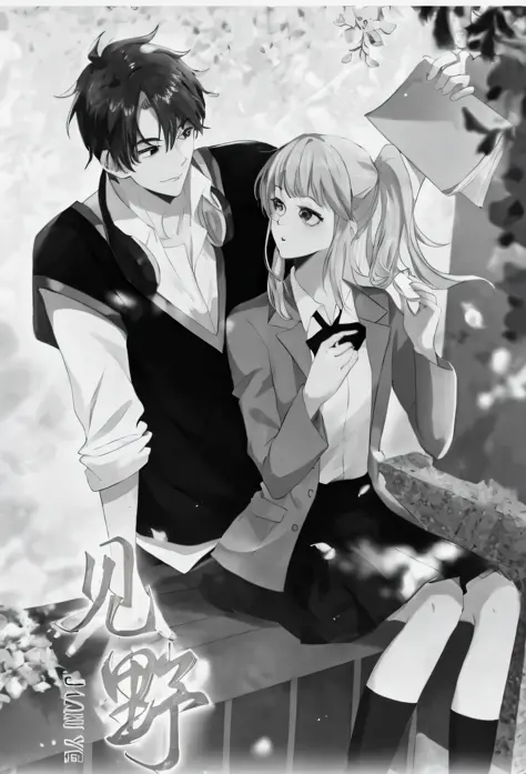 Anime couple, the heroine sits on a bench on campus and looks at the male protagonist, the male protagonist stands behind him an...