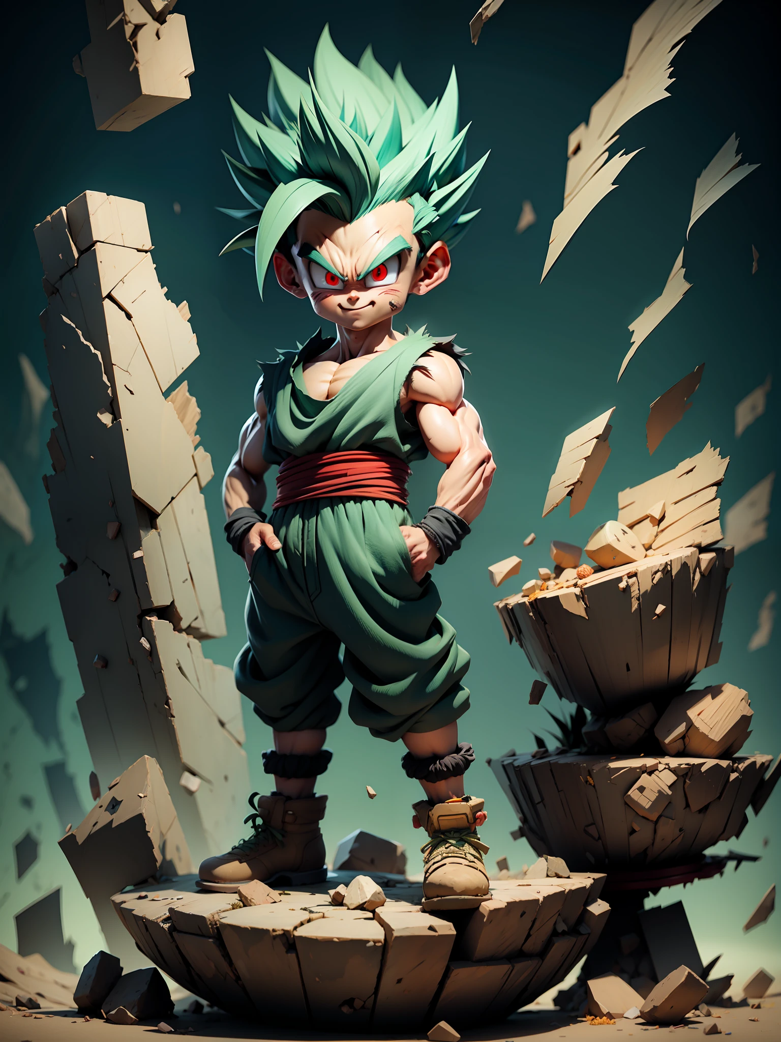 masterpiece, best quality, ultra-detailed, Adult Gohan 1boy, solo, Full body, evil smile, Green hair, spiked hair, (((red eyes))), (((perfect eyes))), ))), full body, looking at viewer, male focus, earth \(planet\), planet, cracked ground and lots of rocks rising up, lots of debris going up, perfect hands . Cute, chibi, wearing tattered tank shirt and toren clothing