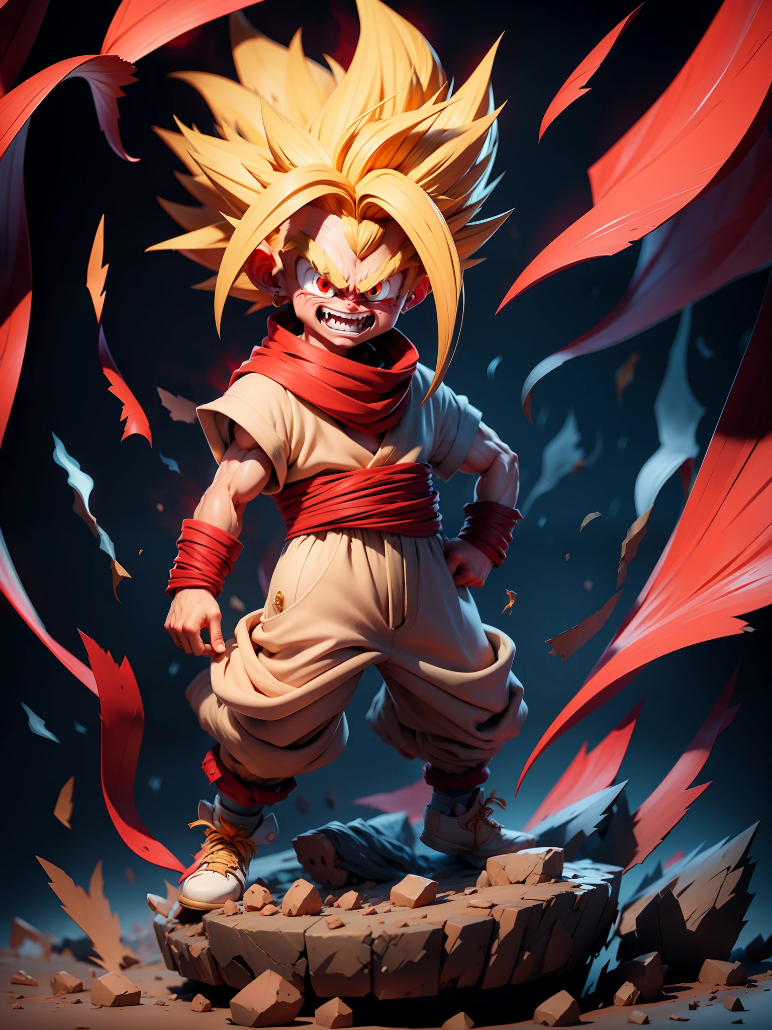 masterpiece, best quality, ultra-detailed, (gold hair on flames)Adult Gohan 1boy, solo, Full body, evil grin, gold hair, spiked hair, (((red eyes))), (((perfect eyes))),(eyes covered with white cloth, dangling from behind) (((Red dougi))), full body, looking at viewer, male focus, earth \(planet\), planet, cracked ground and lots of rocks rising up, lots of debris going up, perfect hands . Cute,angry (flames) (explosions), (powerful aura) (thunder and lightning) dragon backward, apocalyptic scene of city