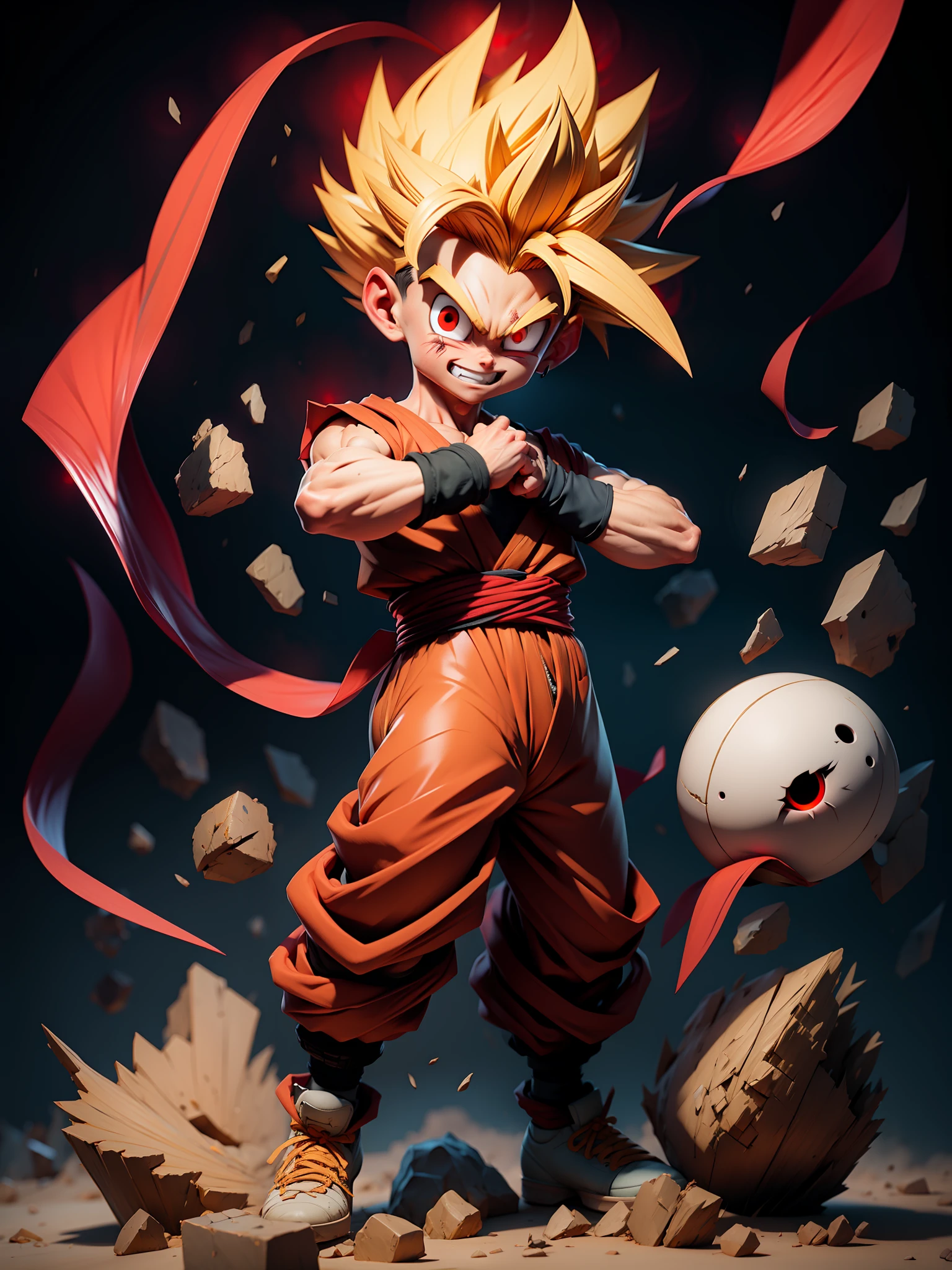 masterpiece, best quality, ultra-detailed, Adult Gohan 1boy, solo, Full body, evil smile, Gold glowing hair, spiked hair, (((red eyes))), (((perfect eyes))), ))), full body, looking at viewer, male focus, earth \(planet\), planet, cracked ground and lots of rocks rising up, lots of debris going up, perfect hands . Cute, chibi, wearing tattered tank shirt and toren clothing, full body glowing gold aura, dark
