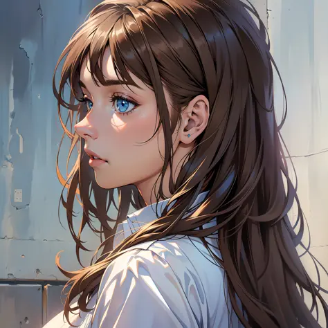 ((realistic: 1.5)),((best quality)), ((masterpiece)),((detailed)), girl in profile, young,brown hair, fringed, blue eyes, seen from the side, impressed look