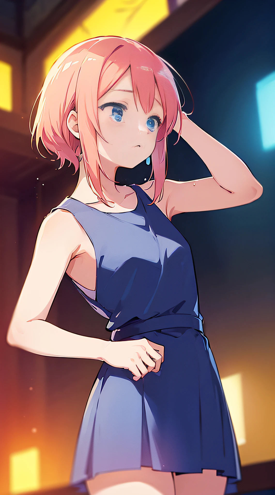 (Best Quality,Looking Away:1.5), Anime, Anime Art Style, Anime Coloring, Anime Screen Cap, Yuyushiki, Girl, 13 years old, Sweat, Sleeveless Dress, Dramatic Angle,