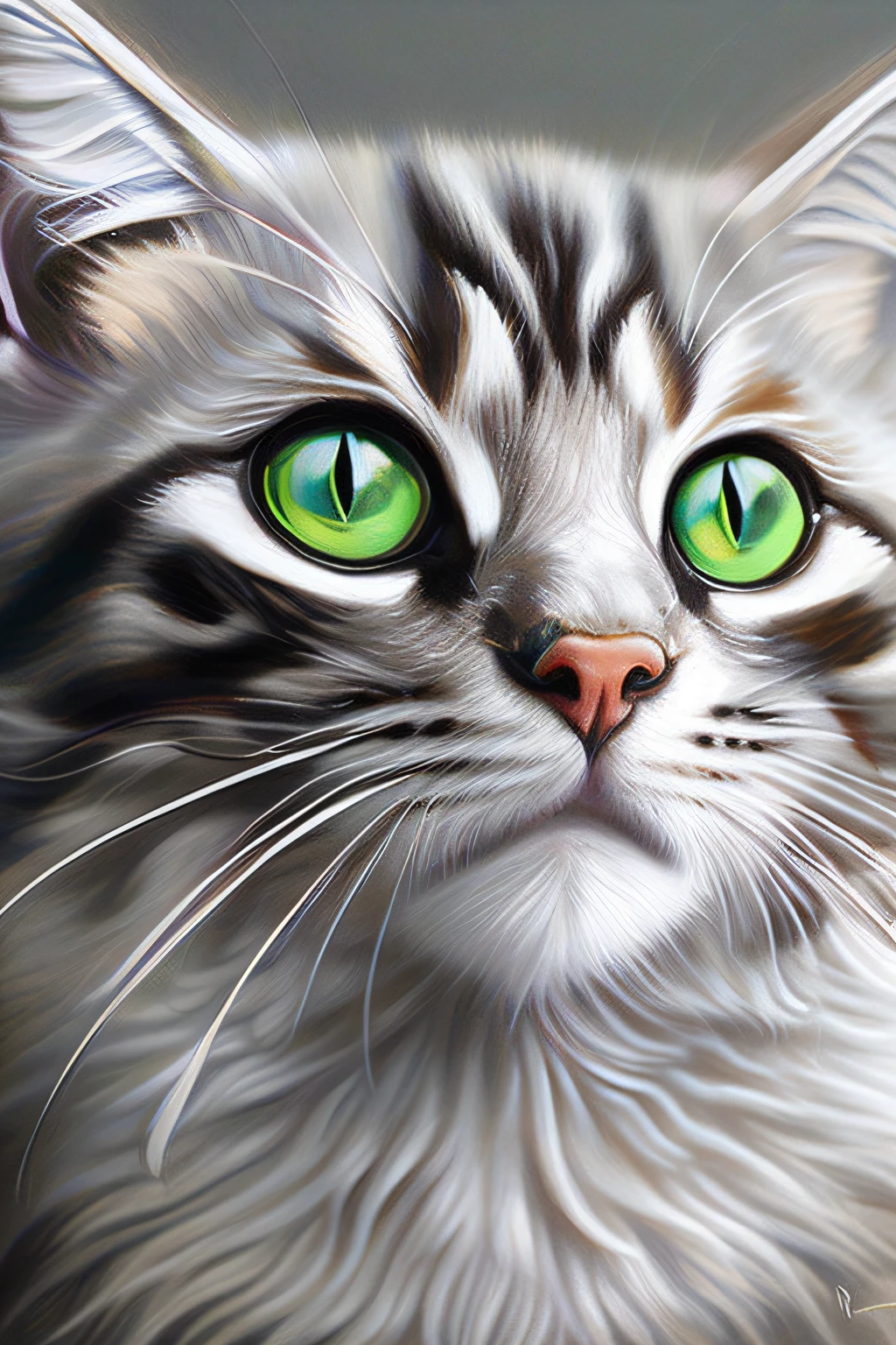 Kitten, Fluffy, Award-winning work, written in pencil, beautiful detailed face, trending on artstation, by Artgerm and Vincent di Fate