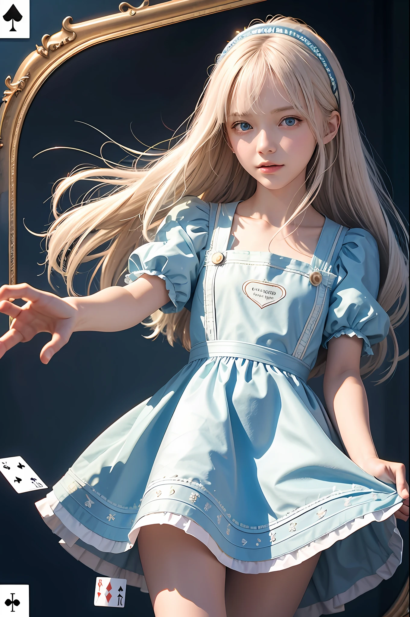 Top quality, super high resolution, pictures, cute girl pictures, detailed faces, (PureErosFace_V1:0.008), Alice in Wonderland, 13 years old, very disheveled bangs, platinum blonde straight hair, white apron, blue dress, playing card pattern background,