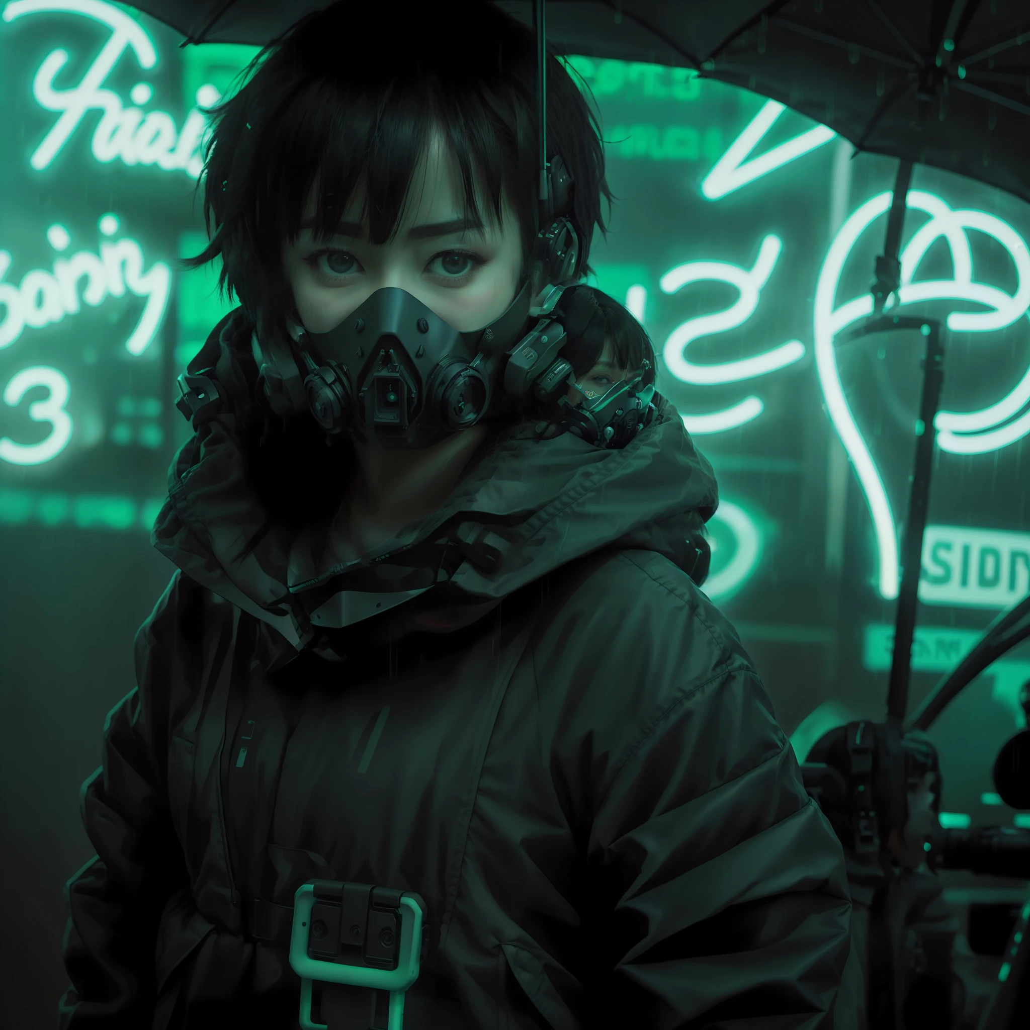 Photo DSLR, a woman with short black hair standing in front of a green neon sign, tech mask, jacket, in the rain, NeonNoir, hard shadow, masterpiece, best quality, Intricate, High Detail, 8k, modelshoot style, film grain