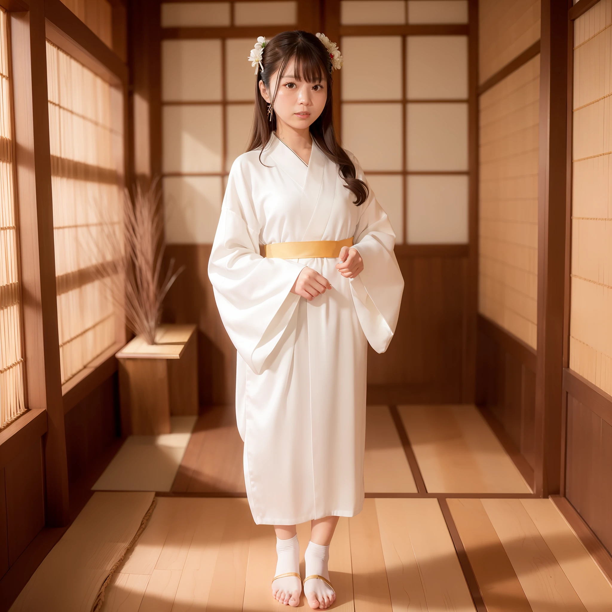 NSFW, 8K Raw Photography, Best Quality, Masterpiece, Ultra HD, Film Grain, filmg, 1girl, Watch Viewer, Natural Skin Texture, Realistic Eye and Face Details,
The occupation is a priestess (Shinto priesthood of Japan shrines), priestess costume (white kimono) (red hakama (a type of clothing worn below the waist in Japanese clothing. Wearing a kimono over a kimono and tied with a string)) (white tabi socks),
Japan people, glasses, 1 8 years old, 1 person (Akiko Takase, Kazue Kato, , Aya Takano, Etsuko Miura, Genzi, Tsugumi Oba, Chiho, Rinko Kawaichi, Takeyuki Kanda),
Height 158 cm, weight 53 kg, bust 83 cm (D cup), waist 61 cm, hips 86 cm,
His personality is naïve,
Smooth black hair that extends to the shoulders (bunched into one), bangs, 
The place is the main shrine of a large shrine in Japan,
As an offering to God, standing upright in front of the altar with a smile
Solo , Full Body