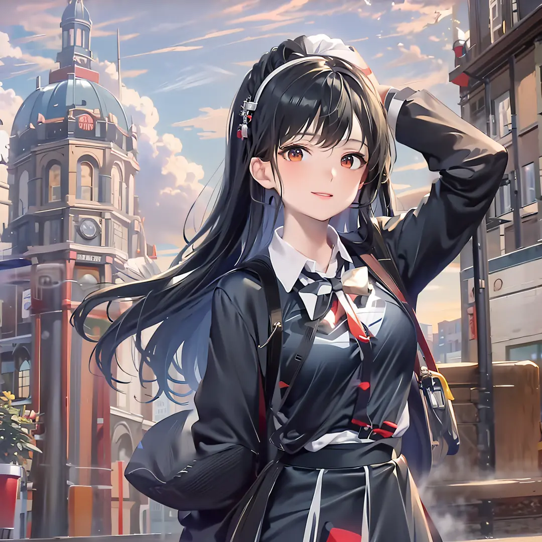 anime girl with long black hair and white shirt and bags, beautiful anime high school girl walking on the road, smooth anime CG art, young anime girl, anime visual of cute girl, guvez style artwork, portrait of anime girl, attractive anime girl, girl front...