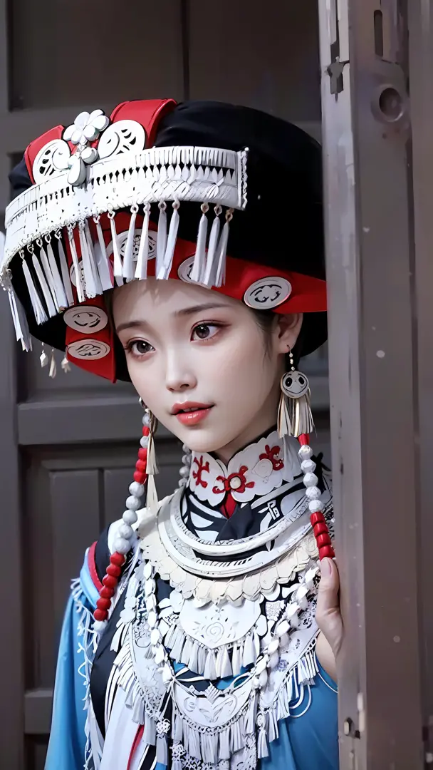 a close up of a woman wearing a black and red hat, traditional beauty, traditional chinese, chinese woman, palace ， a girl in ha...