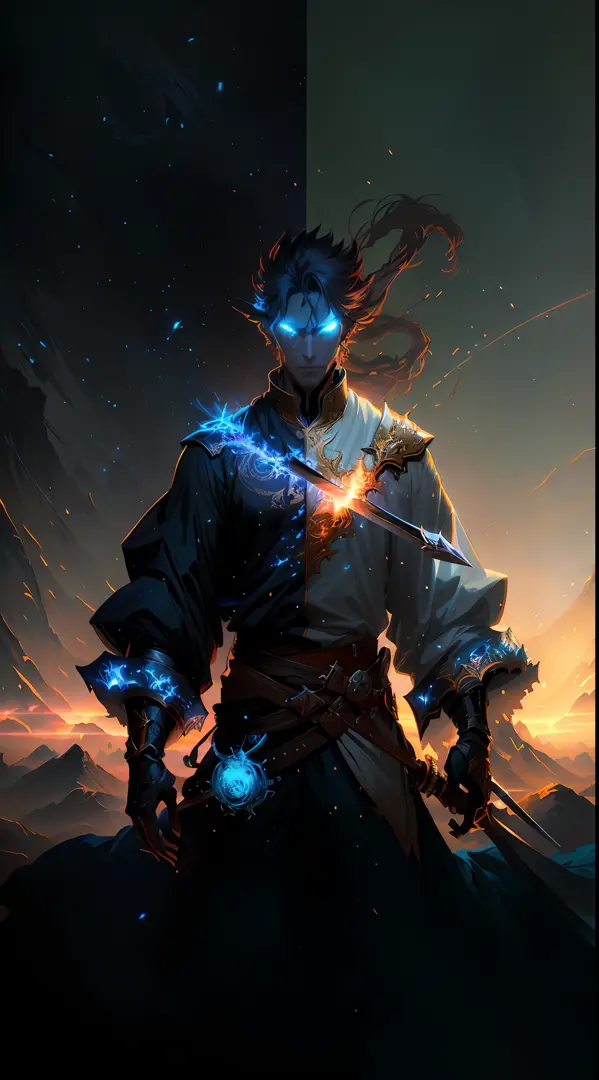 anime - style illustration of a man with a sword and a glowing head, epic fantasy digital art style, in the art style of mohrbacher, epic digital art illustration, mohrbacher, epic fantasy art style, detailed digital 2d fantasy art, digital 2d fantasy art,...