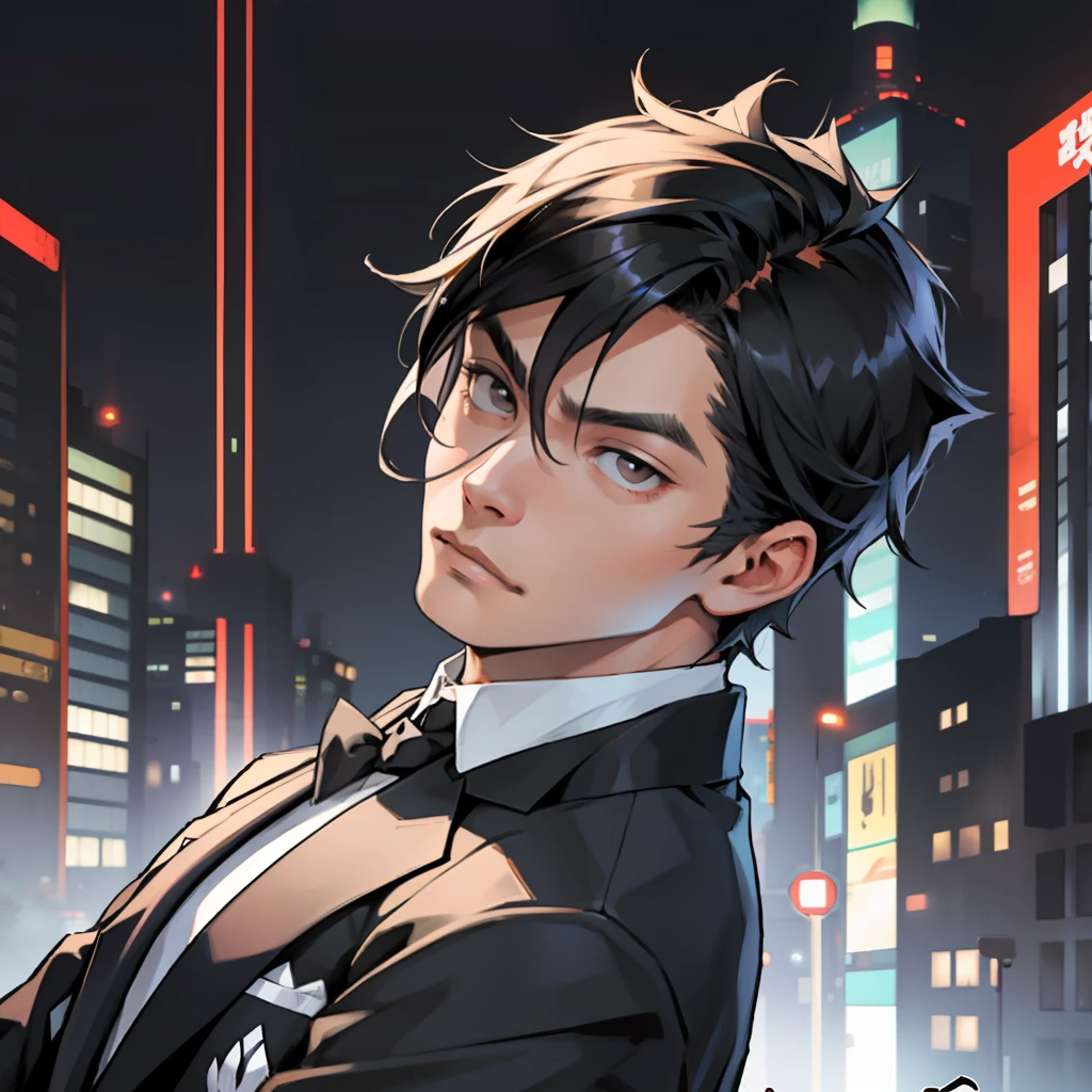 Man dressed in suit, thoughtful look of black hair, sitting within a meter of tokio --auto --s2