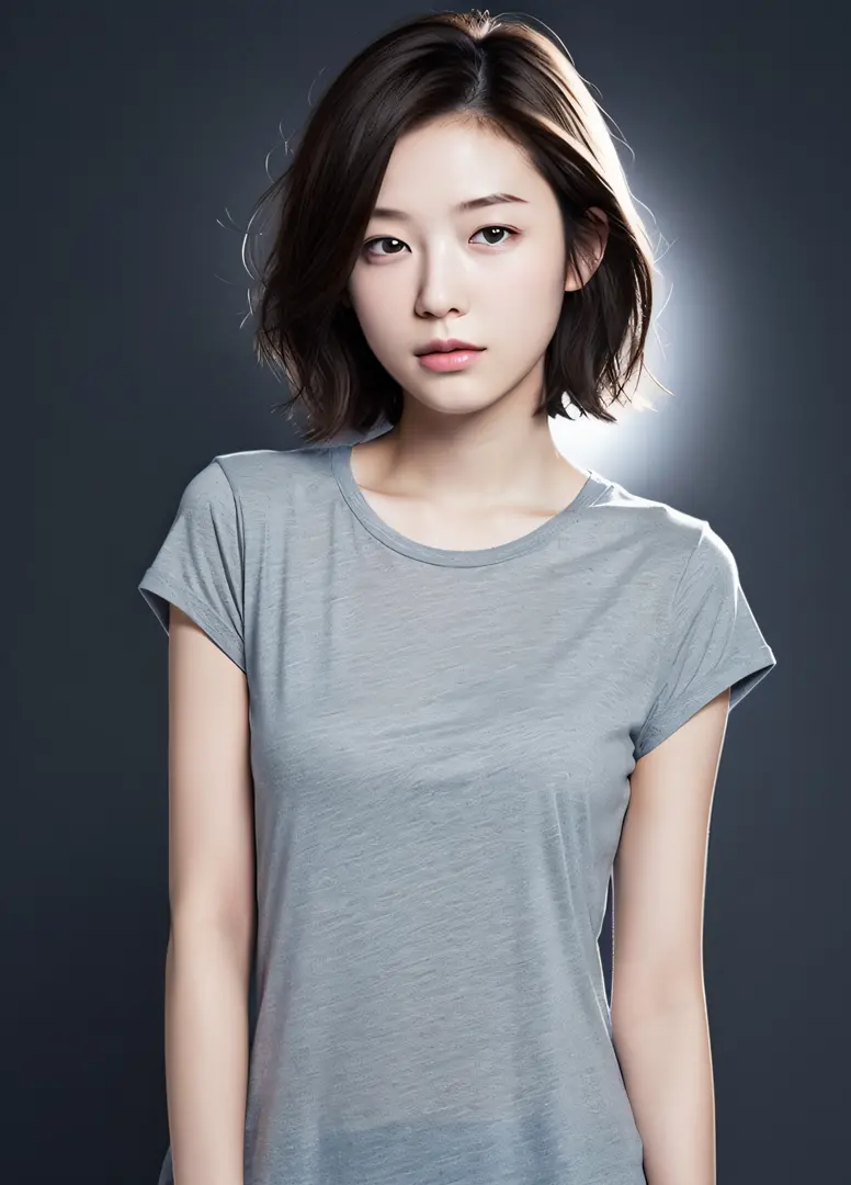 Masterpiece,Best Quality,High, One Girl, Asian, Beautiful Face, face_focus, (Simple Background:1.2), Upper Body, Short Hair, Backlight, Location Shooting, Grey T-Shirt