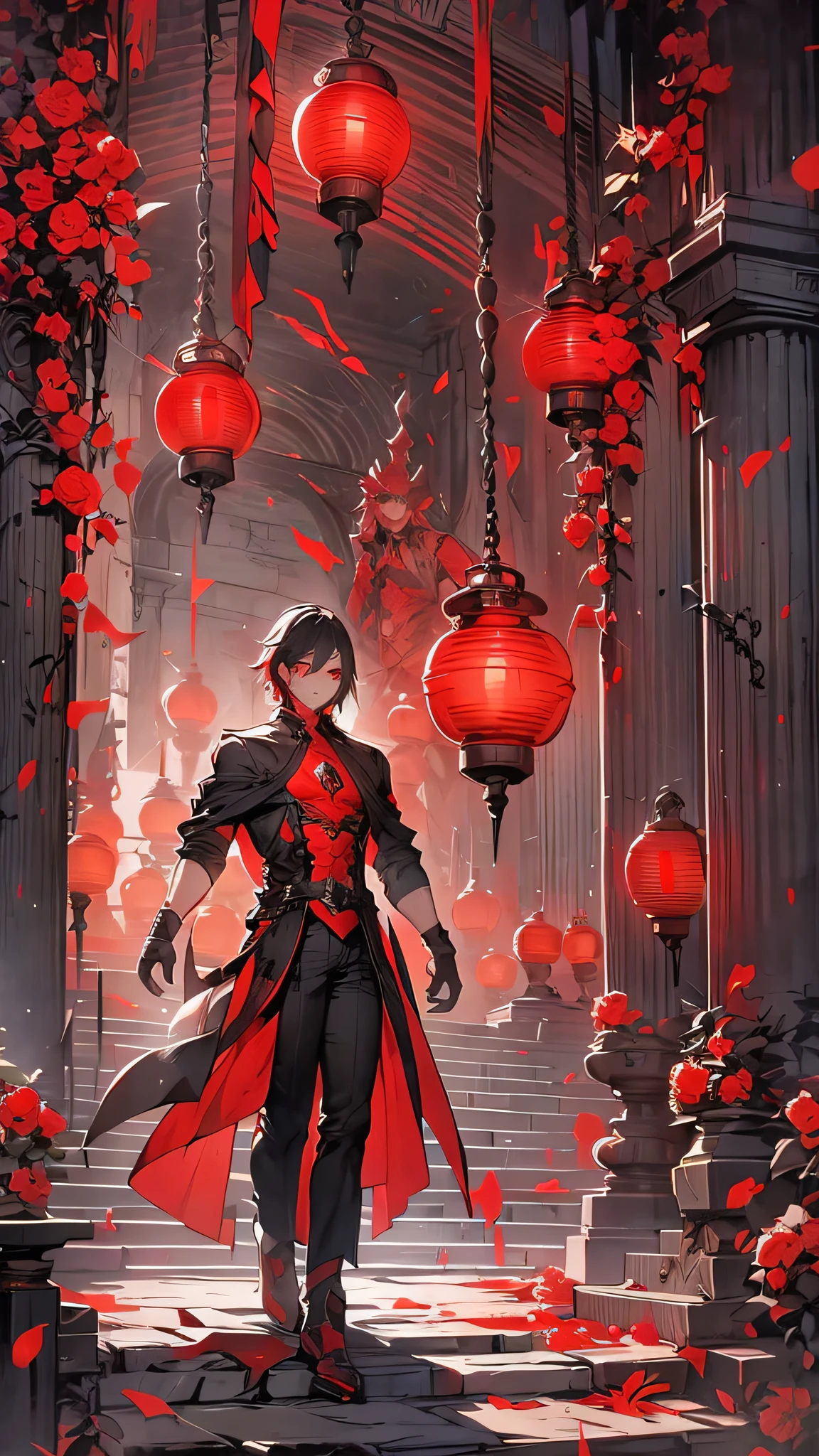 A boy with short black hair, red eyes, complicated hairstyle, ancient architecture, red lantern,