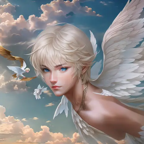 (Masterpiece) 8K resolution, beautiful boy flying with big wings, blonde short bob hair, ash blue eyes, kind face, fantasy style...