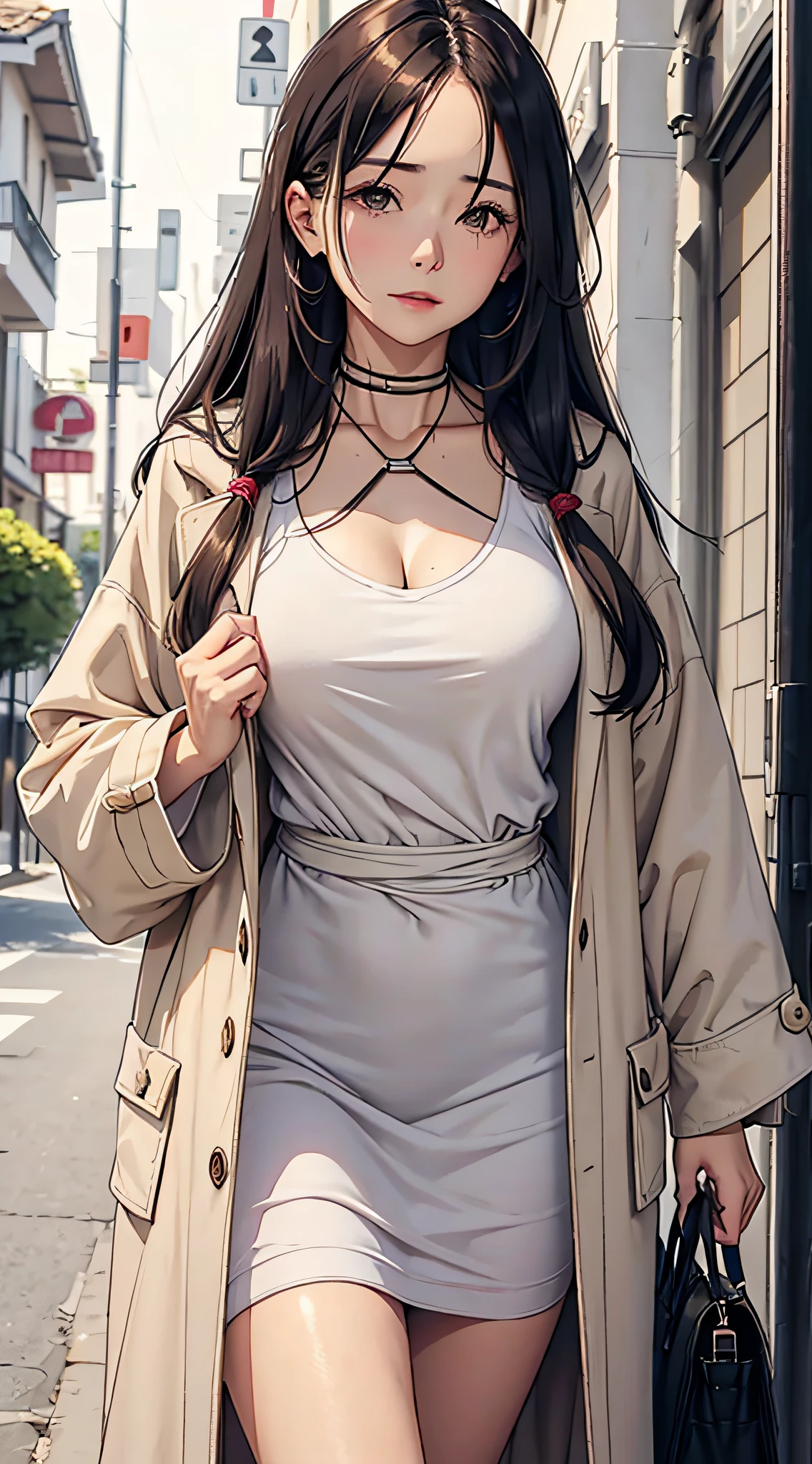 Mature face, mature woman, fluffy long hair, ultra-loose casual cotton coat, clothes slipping down, front convex back, straight chest, rosy complexion, hemp rope tightly strangled chest