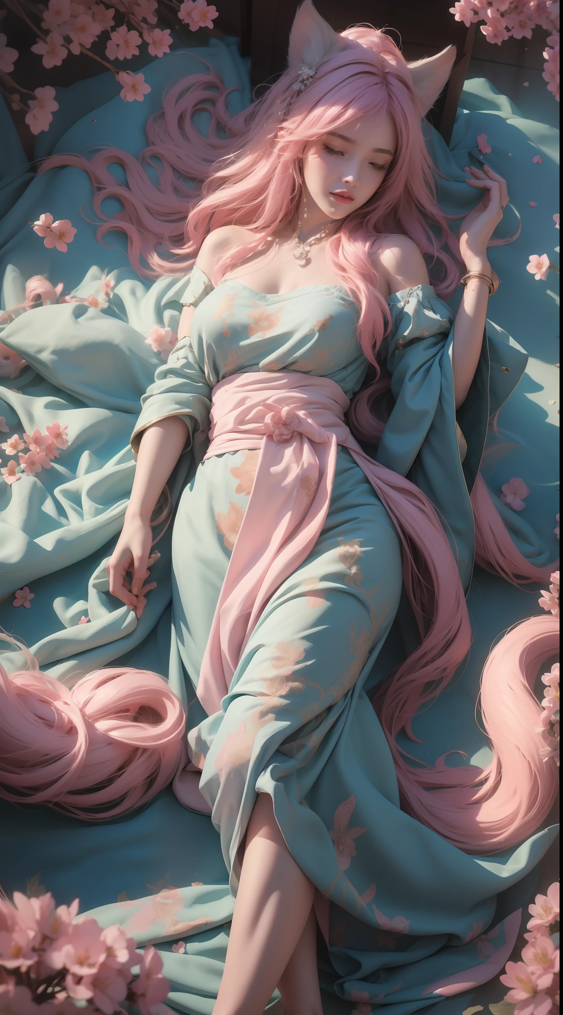 Master masterpiece, the best picture quality, realistic to stunning (realism 1.4), (((a breathtakingly beautiful girl))), superb figure, slightly fat, with pink hair, delicate facial features, charming shoulders, long skirt in ancient costume, vivid angle, depicting her lying gently in a waterhole, surrounded by koi, flowers, petals, furry nine-tailed fox, extremely detailed details, immersion in it.