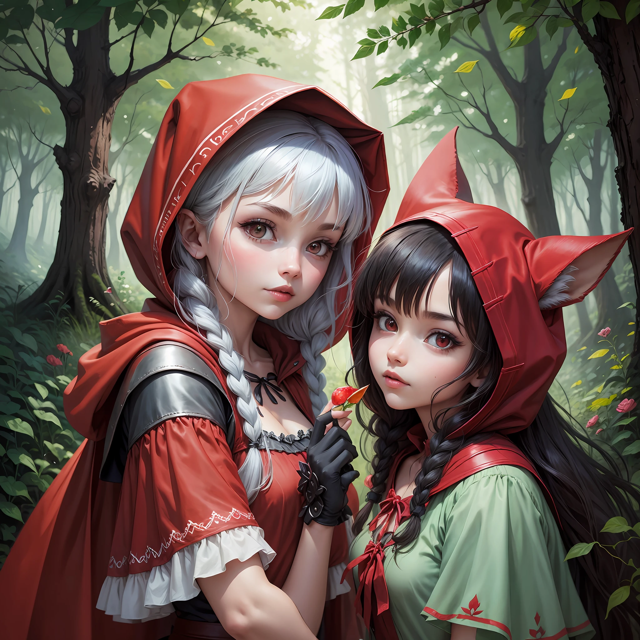 Chica y chico anime con caperucita roja en un bosque - SeaArt AI