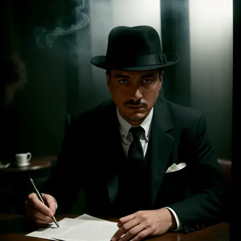 film noir in color, man sitting, smoky cafe, suave, shadows, hazy room, (movie still:0.2), film grain, dramatic lighting, cinema...