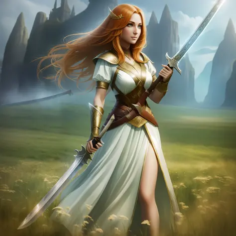 Close-up of a woman holding a sword in the field, full body, ginger sword, war blade weapon, shiny sword, wielding sword, fantas...