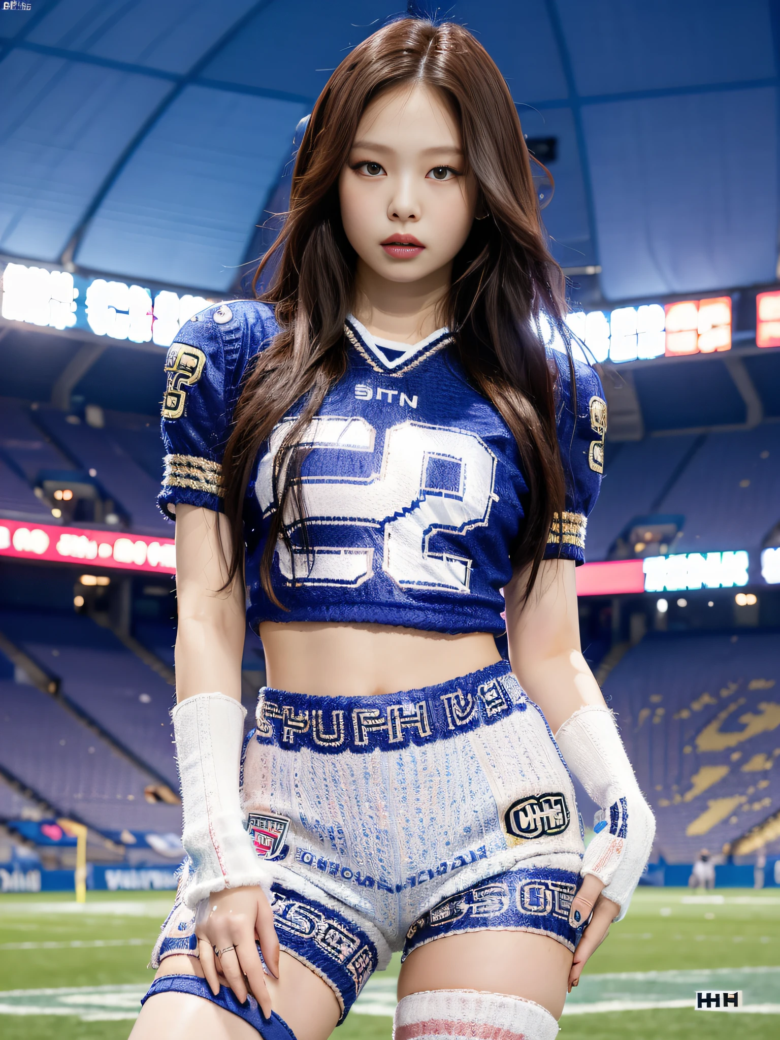 Masterpiece, superlative, realistic, Jennie wearing trendy football uniforms, knitwear, football shorts, HD, photography lighting, 16k