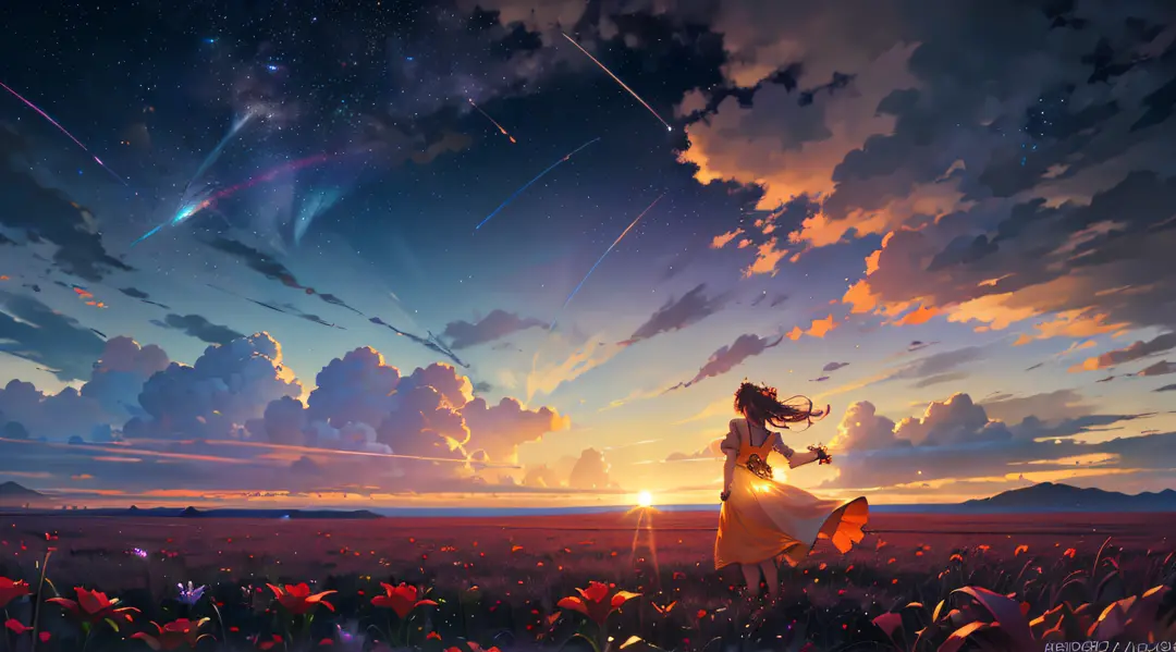 A wide landscape photo, (viewed from below, the sky is above, and the open field is below), a girl standing on a flower field looking up, (full moon: 1.2), (meteor: 0.9), (nebula: 1.3), distant mountains , Trees BREAK Crafting Art, (Warm Light: 1.2), (Fire...