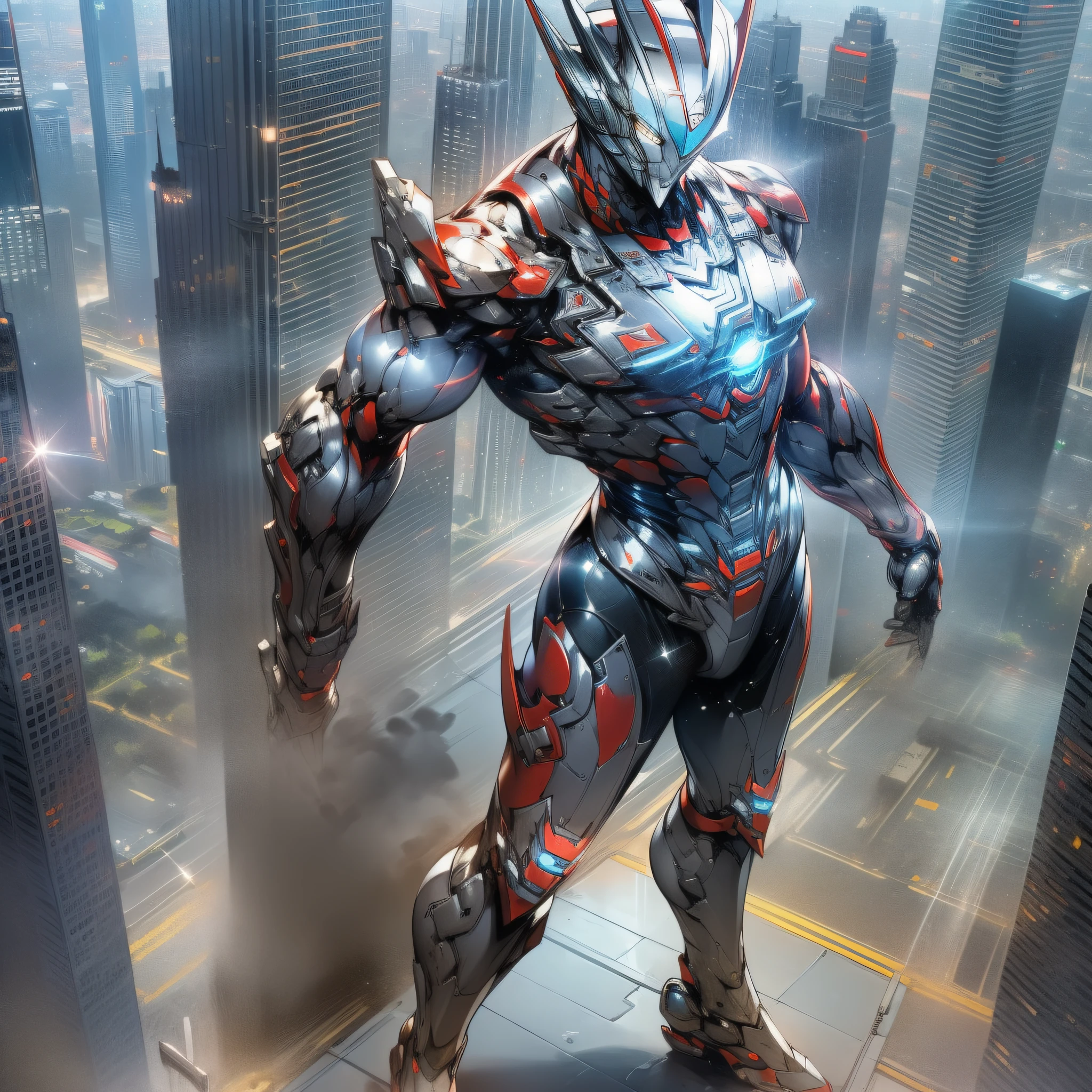 (Masterpiece, Excellent, Ultra Delicate, High Resolution), Male Focus, (((Ultraman))), (((No Muscles))), (His head is tapered, his body is made of red and silver, his arms are streamlined, there is a round calculator on his chest, he looks tall and thin, the overall look is streamlined and modern), (Standing pose), Pose for Photo, High Angle, Dark Night, City Ruins, Background Details, ((((Full Body))), from above, Solo, ((((Sense of Greatness) ))