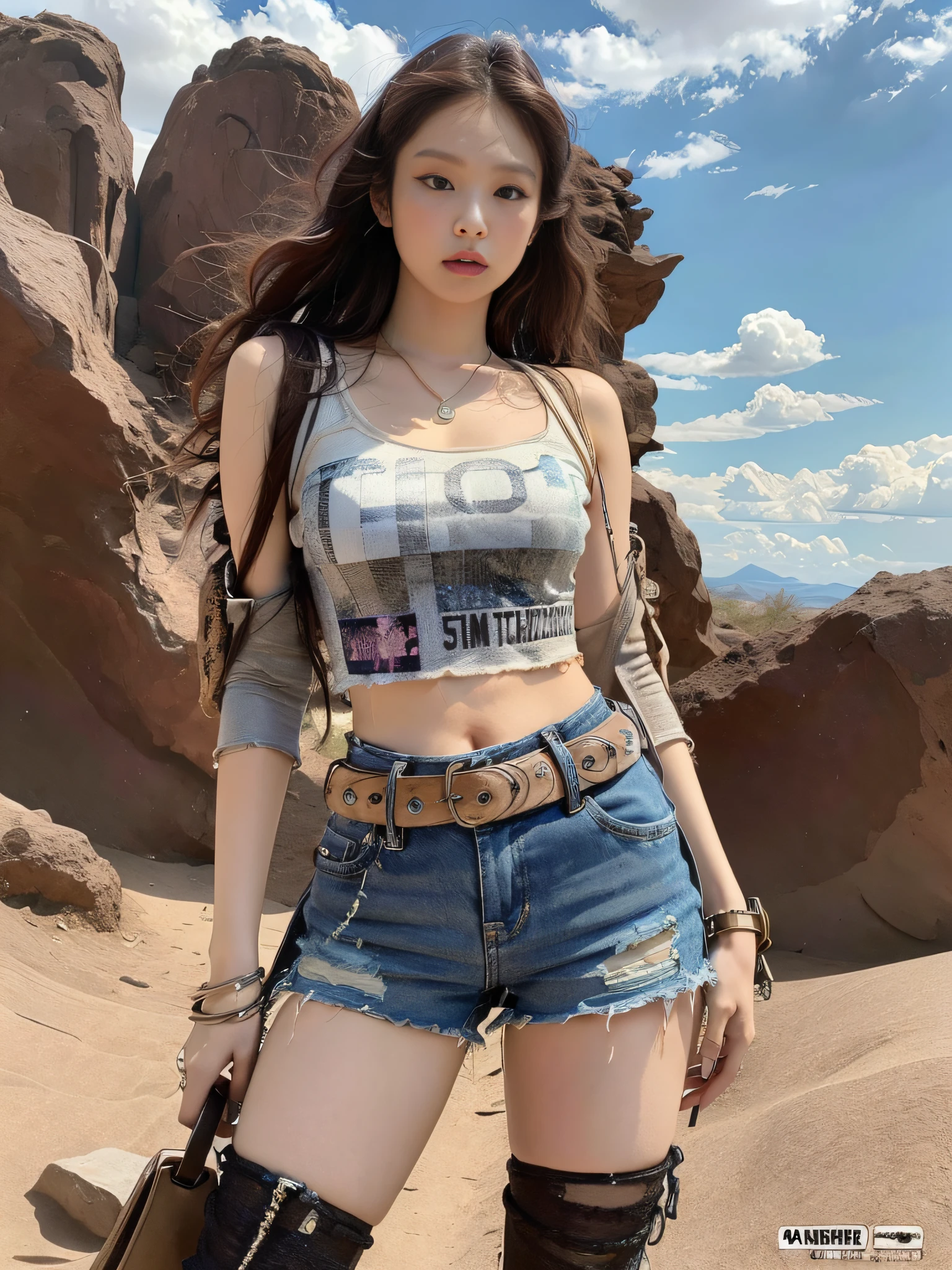 Masterpiece, superlative, realistic, Jennie wears a trendy brand. Football T-shirt, shorts, open waist, bare shoulders, cleavage, layered, long legs, wasteland punk style, background is wasteland, desert, wind and dust details complex, HD, photography lighting, 16k