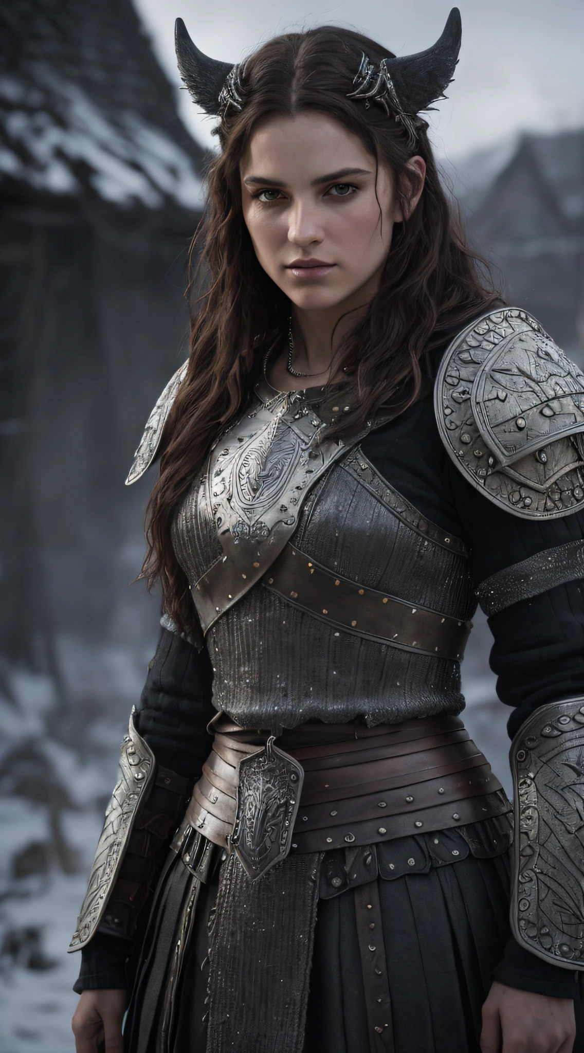 Standing beside your direwolf, (Highest quality:1.3), cinematic shot, masterpiece, cinematic lights, cinematic scene, (sharp focus:1.5), (photorealistic:1.3),  medium portrait of (a weary-looking but still proud and fierce-looking woman Viking warrior now the leader of his village, dressed in elaborately detailed chain mail and leather armour, a few torches burn on the walls, giving the scene a dark atmosphere but sculpting the forms in sharp chiaroscuro), it is night time, (highly detailed skin),  (detailed face), detailed background, dark lighting, twilight lighting, volumetric lighting,  intricate details, UHD,