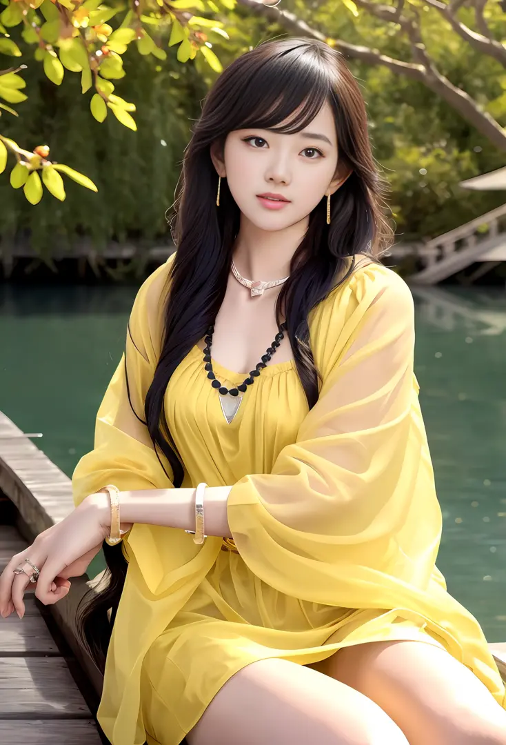 night,(yellow theme,),in summer,(nature:1.9),1girl,on a boat of 2020s Venice,full body,black hair,very long hair,grin,(Bridge of...